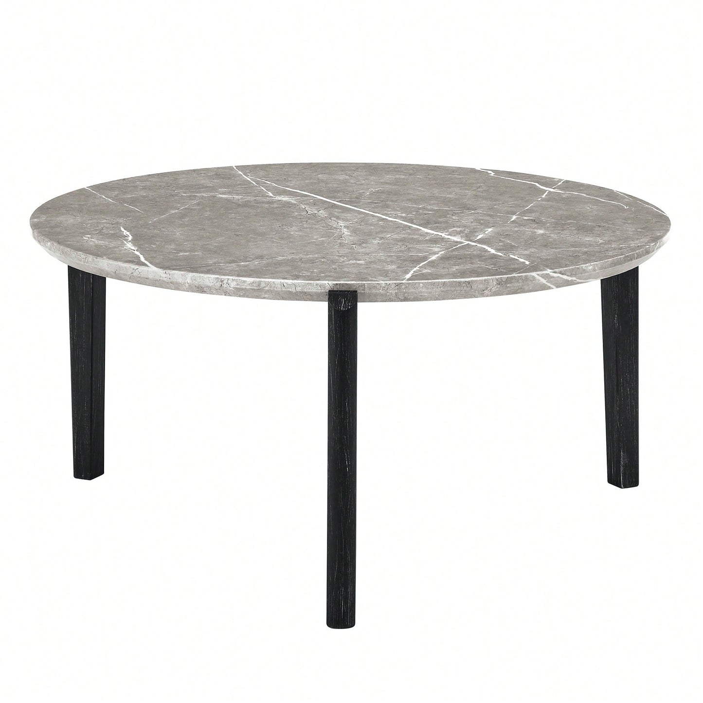 Modern 36 Inch Round Coffee Table With Imitation Marble Top And Solid Rubber Wood Legs For Living Room And Office