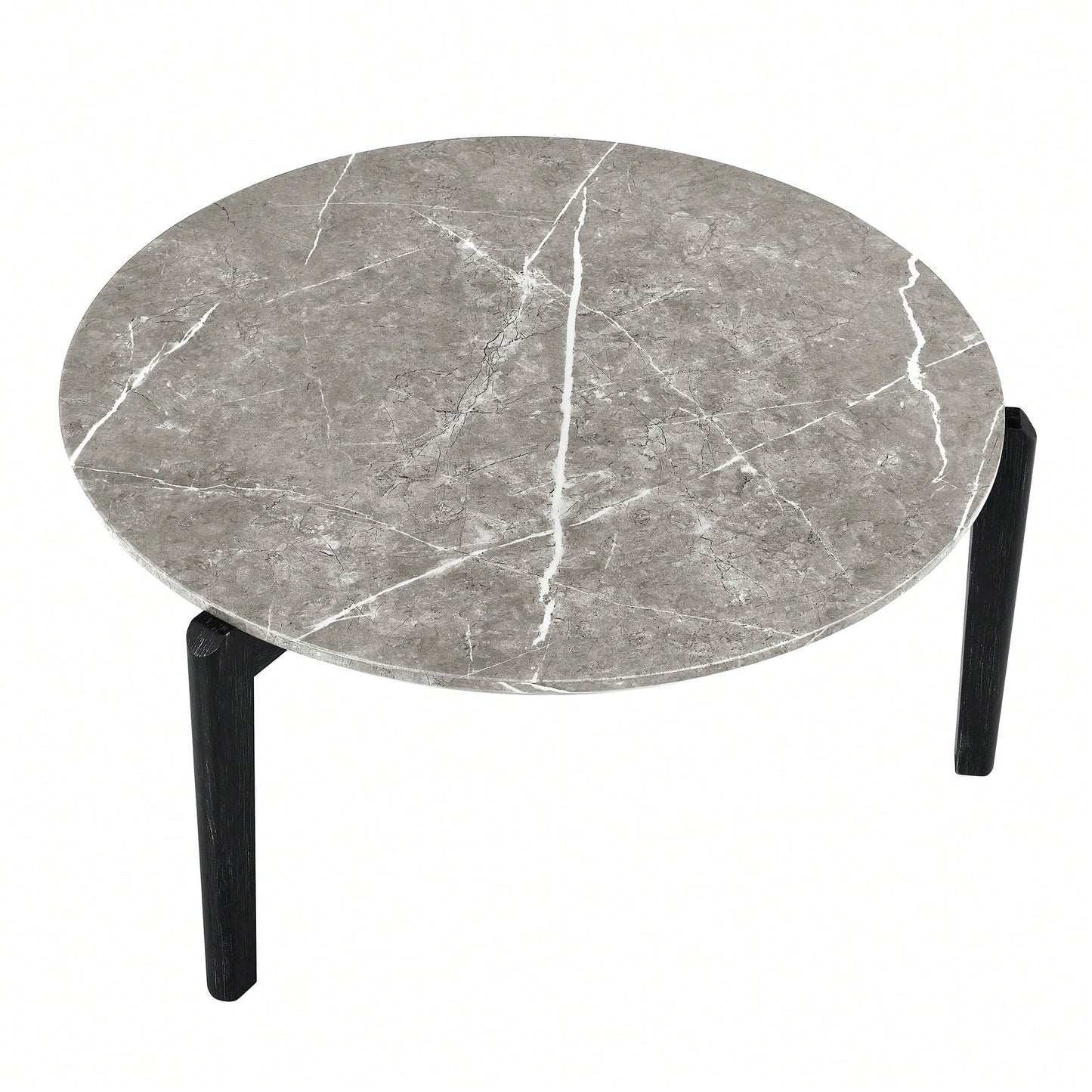 Modern 36 Inch Round Coffee Table With Imitation Marble Top And Solid Rubber Wood Legs For Living Room And Office