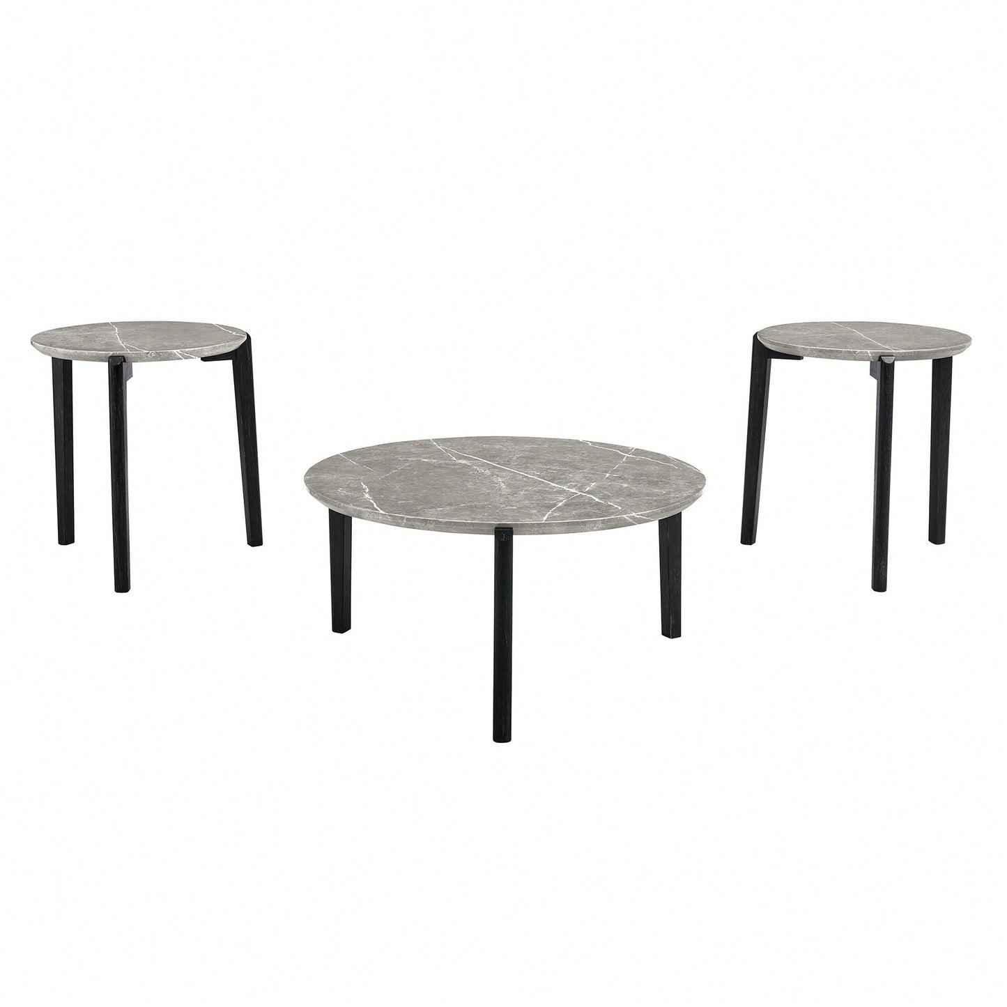 Modern 36 Inch Round Coffee Table With Imitation Marble Top And Solid Rubber Wood Legs For Living Room And Office
