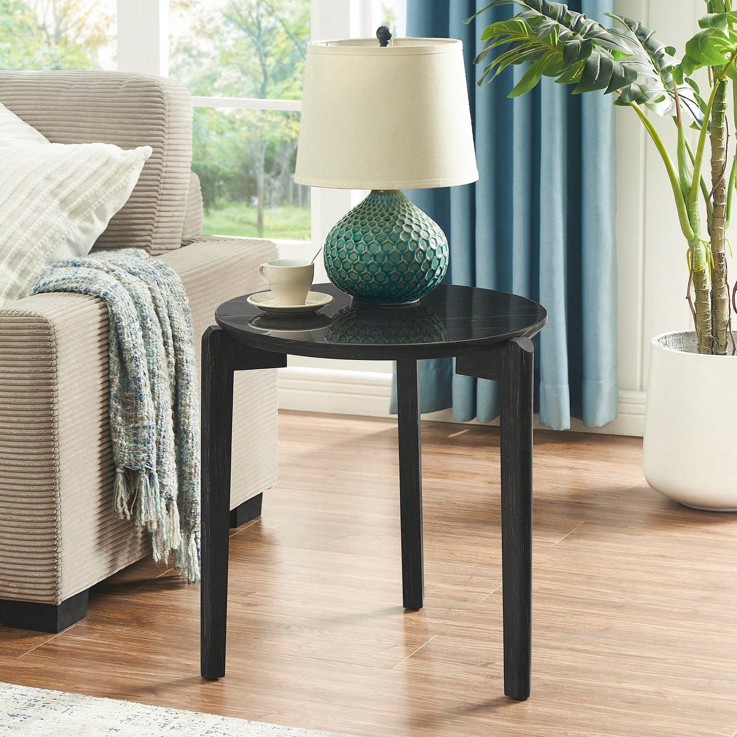 Modern 24 Inch Round Coffee Table With Imitation Marble Top And Solid Rubber Wood Legs For Living Room And Office