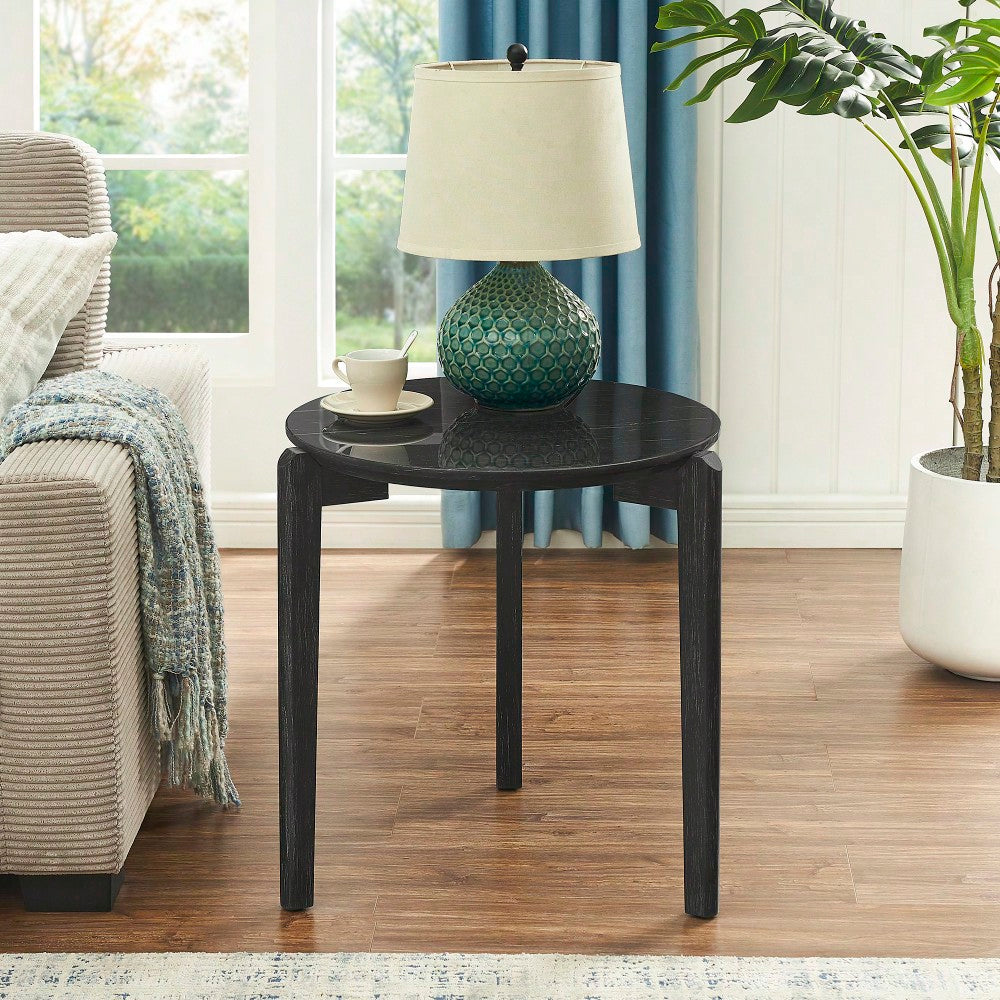 Modern 24 Inch Round Coffee Table With Imitation Marble Top And Solid Rubber Wood Legs For Living Room And Office