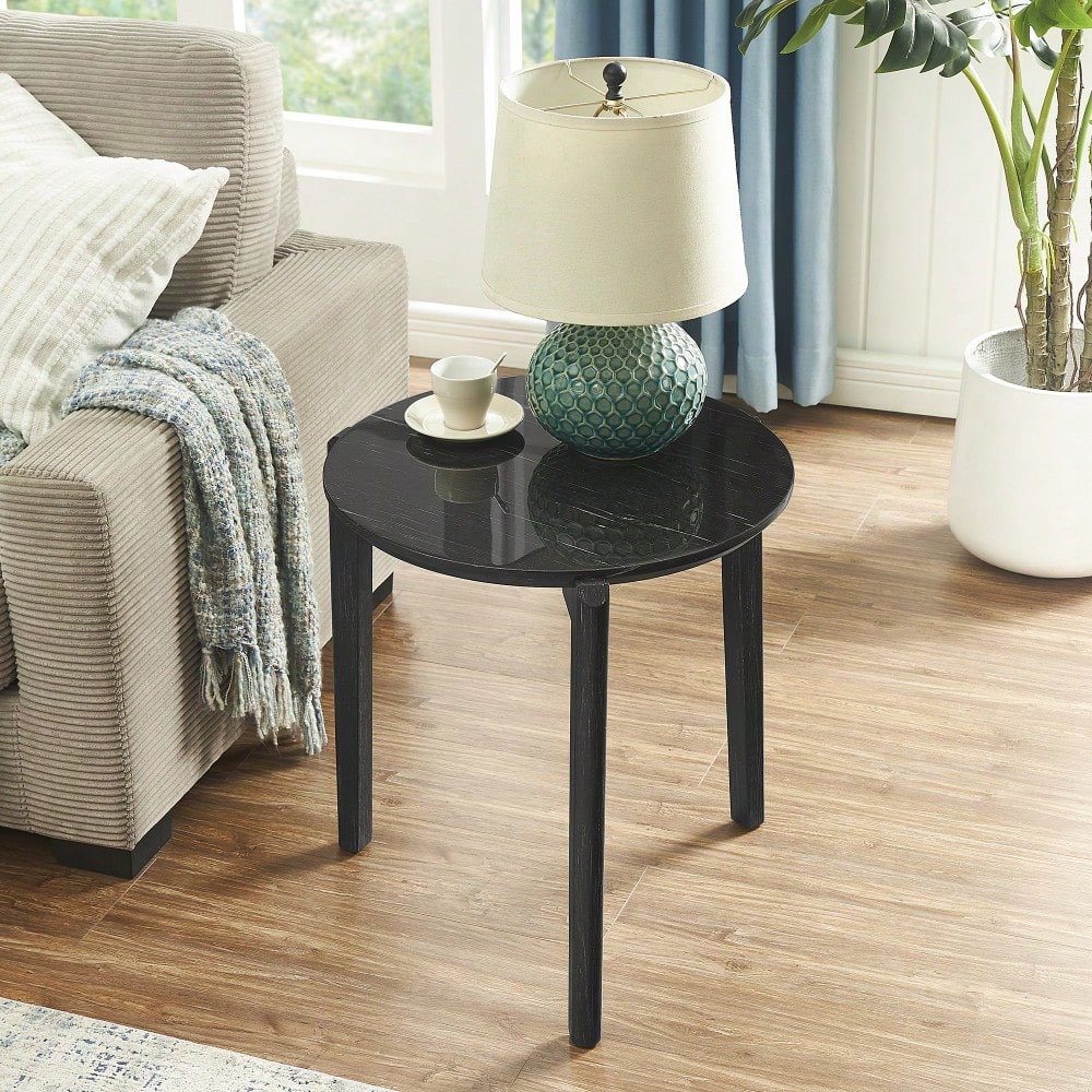 Modern 24 Inch Round Coffee Table With Imitation Marble Top And Solid Rubber Wood Legs For Living Room And Office