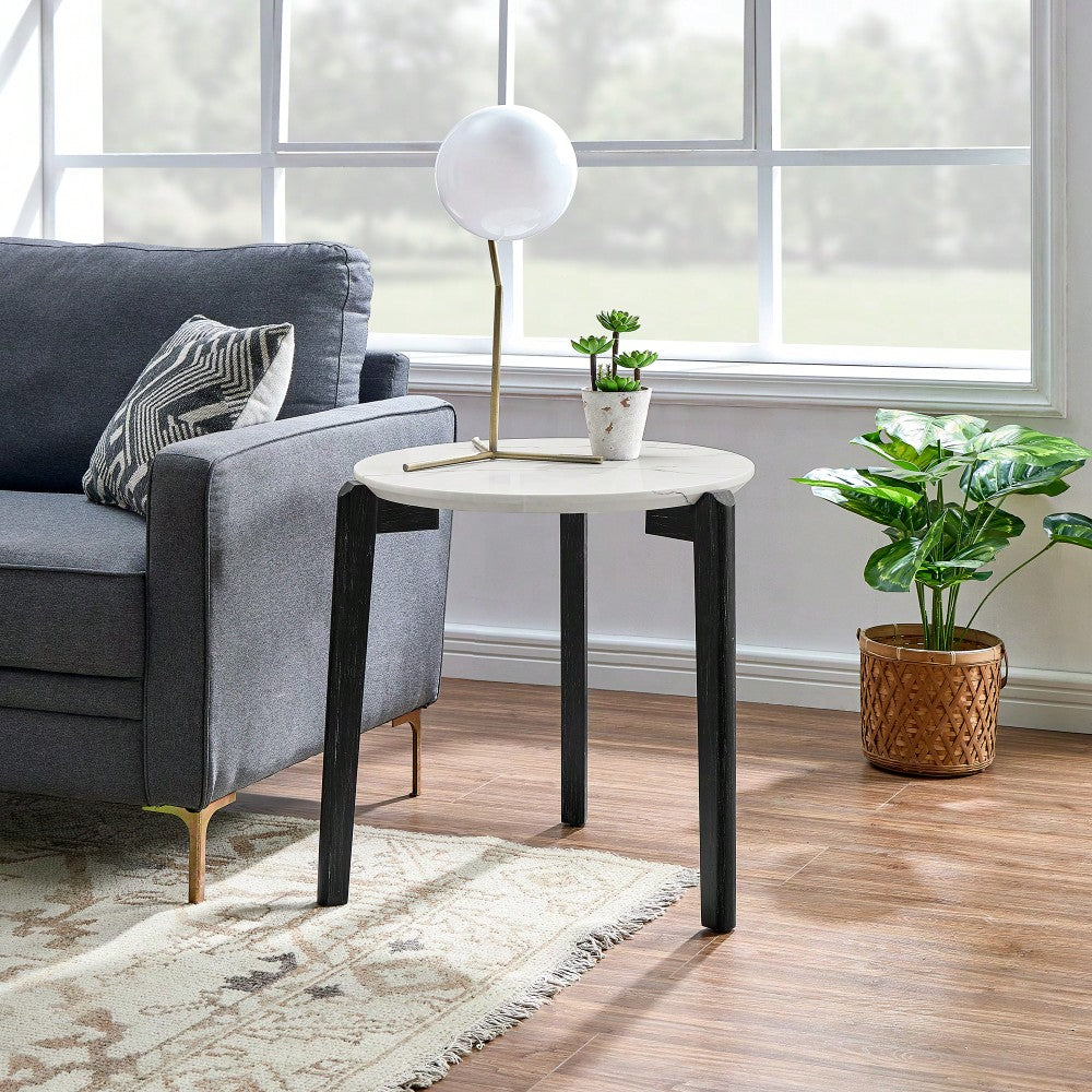 Modern 24 Inch Round Coffee Table With Imitation Marble Top And Solid Rubber Wood Legs For Living Room And Office