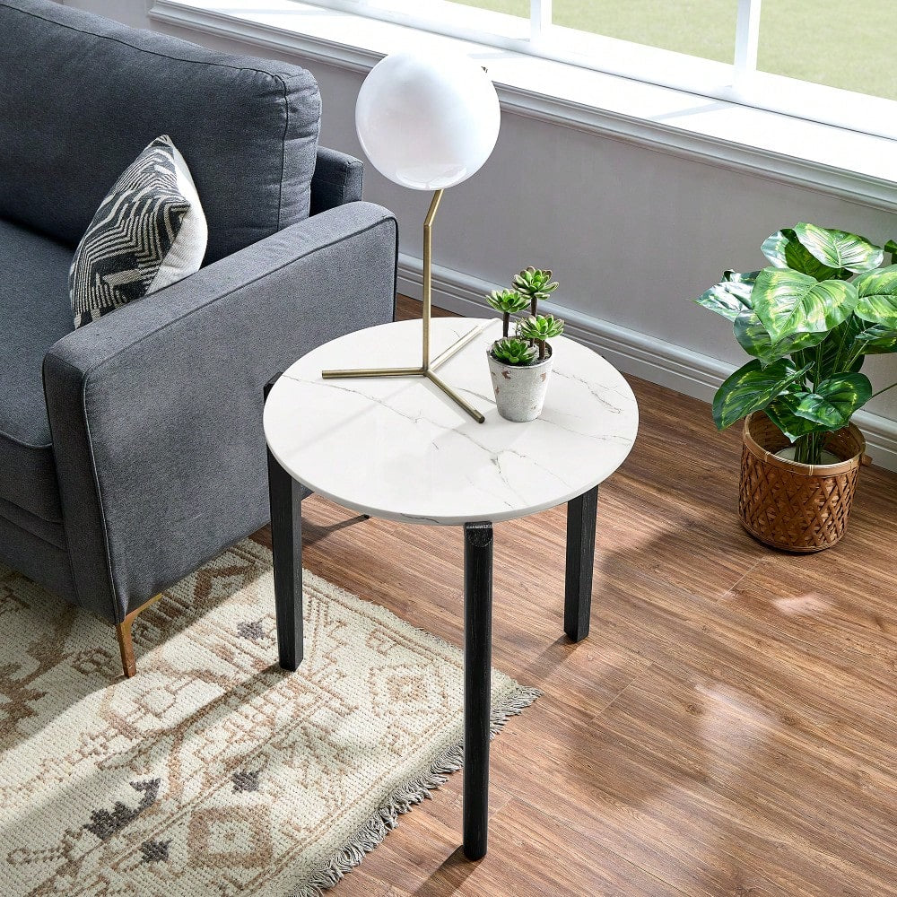 Modern 24 Inch Round Coffee Table With Imitation Marble Top And Solid Rubber Wood Legs For Living Room And Office