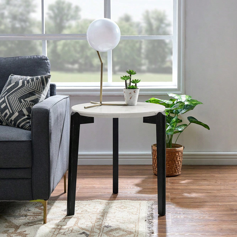 Modern 24 Inch Round Coffee Table With Imitation Marble Top And Solid Rubber Wood Legs For Living Room And Office