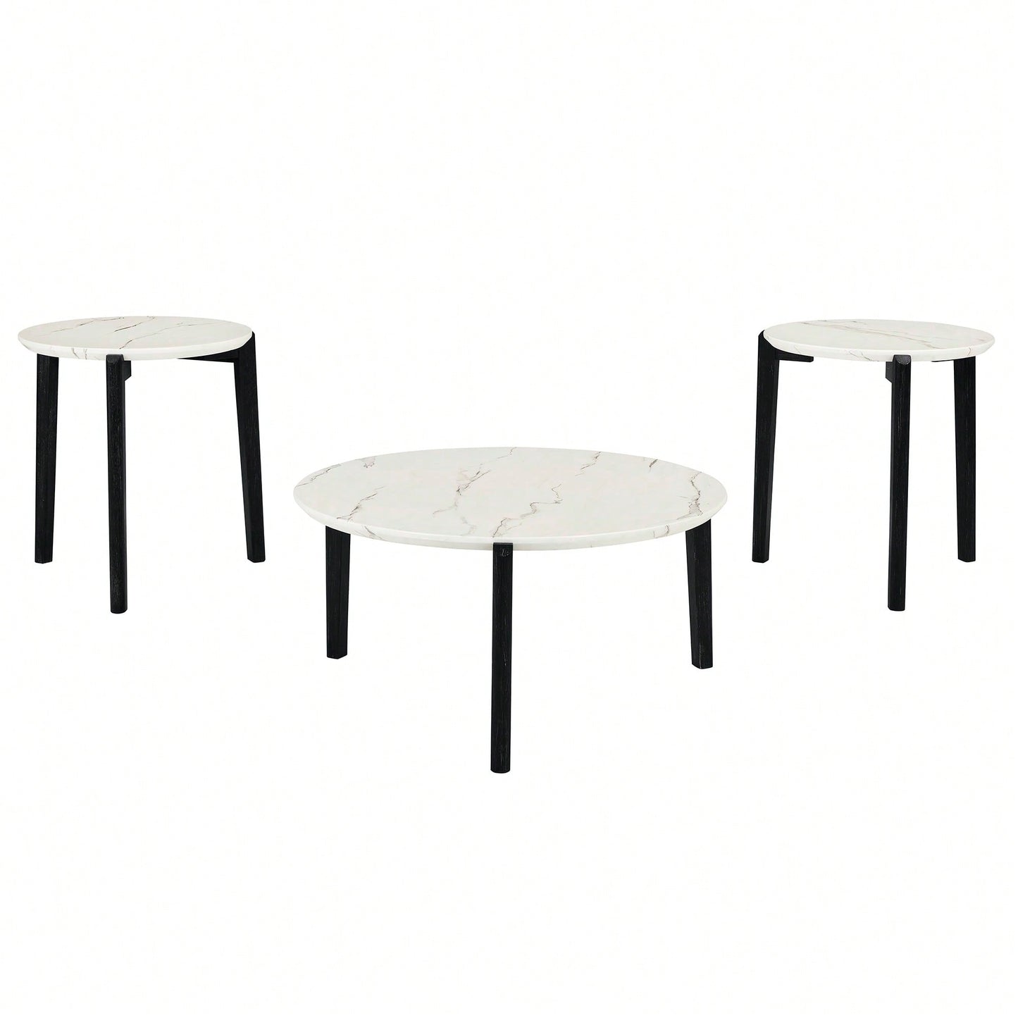 Modern 24 Inch Round Coffee Table With Imitation Marble Top And Solid Rubber Wood Legs For Living Room And Office