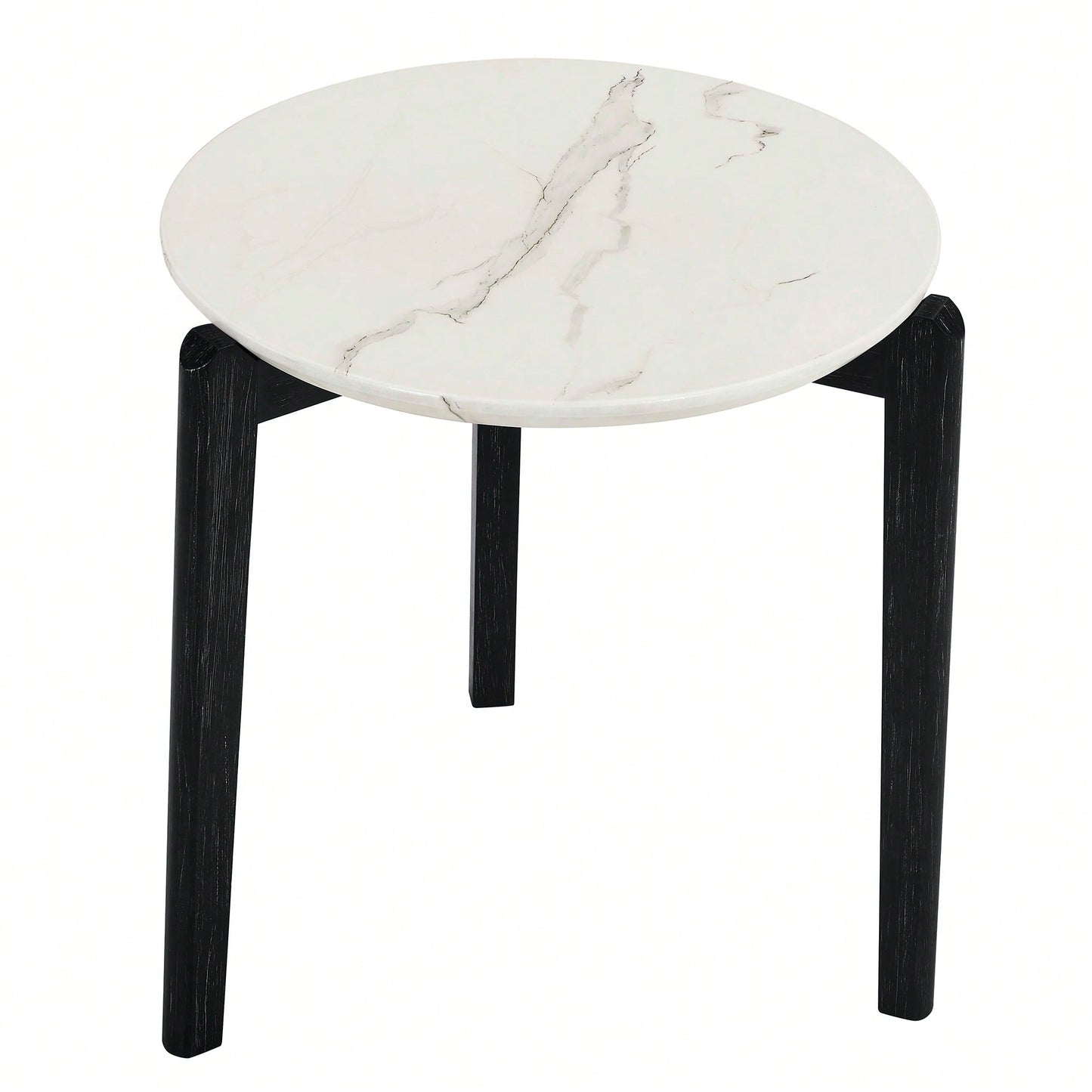 Modern 24 Inch Round Coffee Table With Imitation Marble Top And Solid Rubber Wood Legs For Living Room And Office