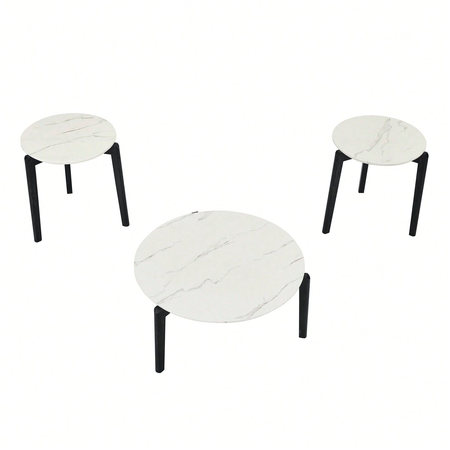 Modern 24 Inch Round Coffee Table With Imitation Marble Top And Solid Rubber Wood Legs For Living Room And Office