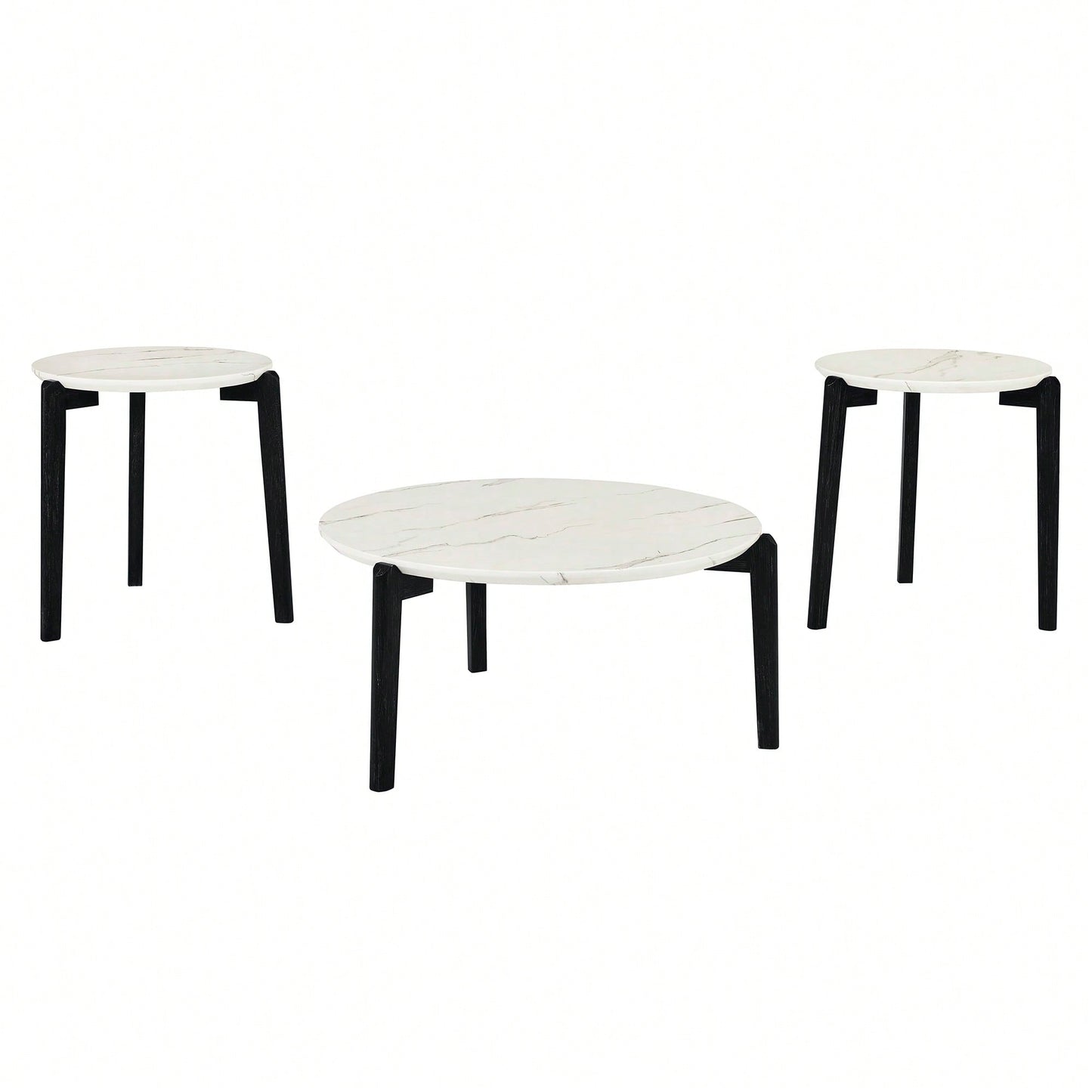 Modern 24 Inch Round Coffee Table With Imitation Marble Top And Solid Rubber Wood Legs For Living Room And Office