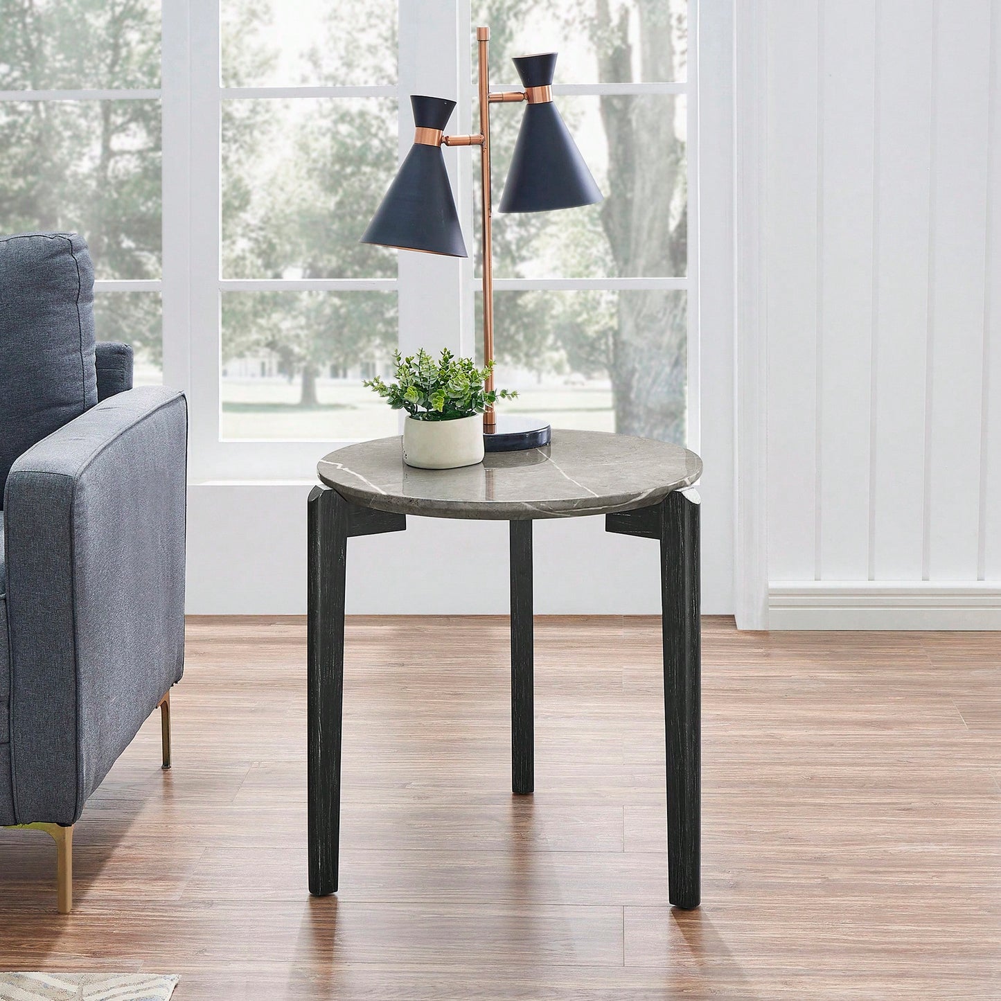 Modern 24 Inch Round Coffee Table With Imitation Marble Top And Solid Rubber Wood Legs For Living Room And Office