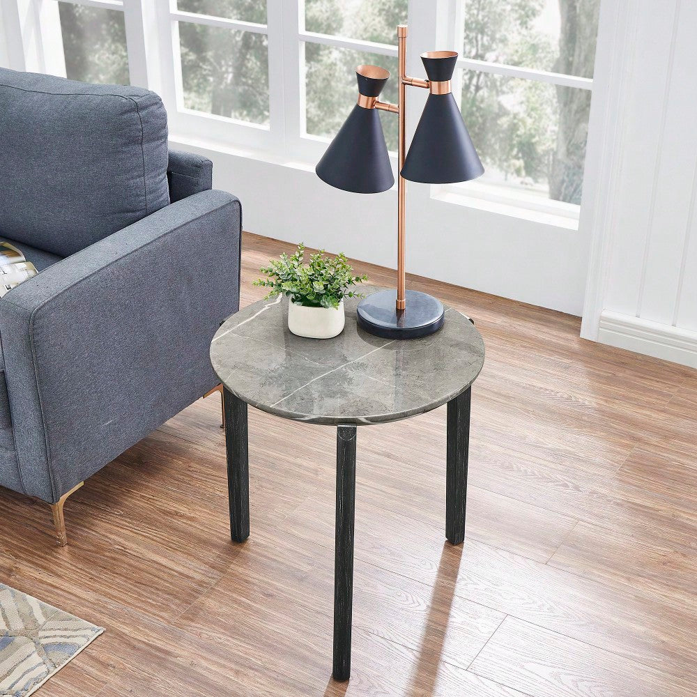 Modern 24 Inch Round Coffee Table With Imitation Marble Top And Solid Rubber Wood Legs For Living Room And Office