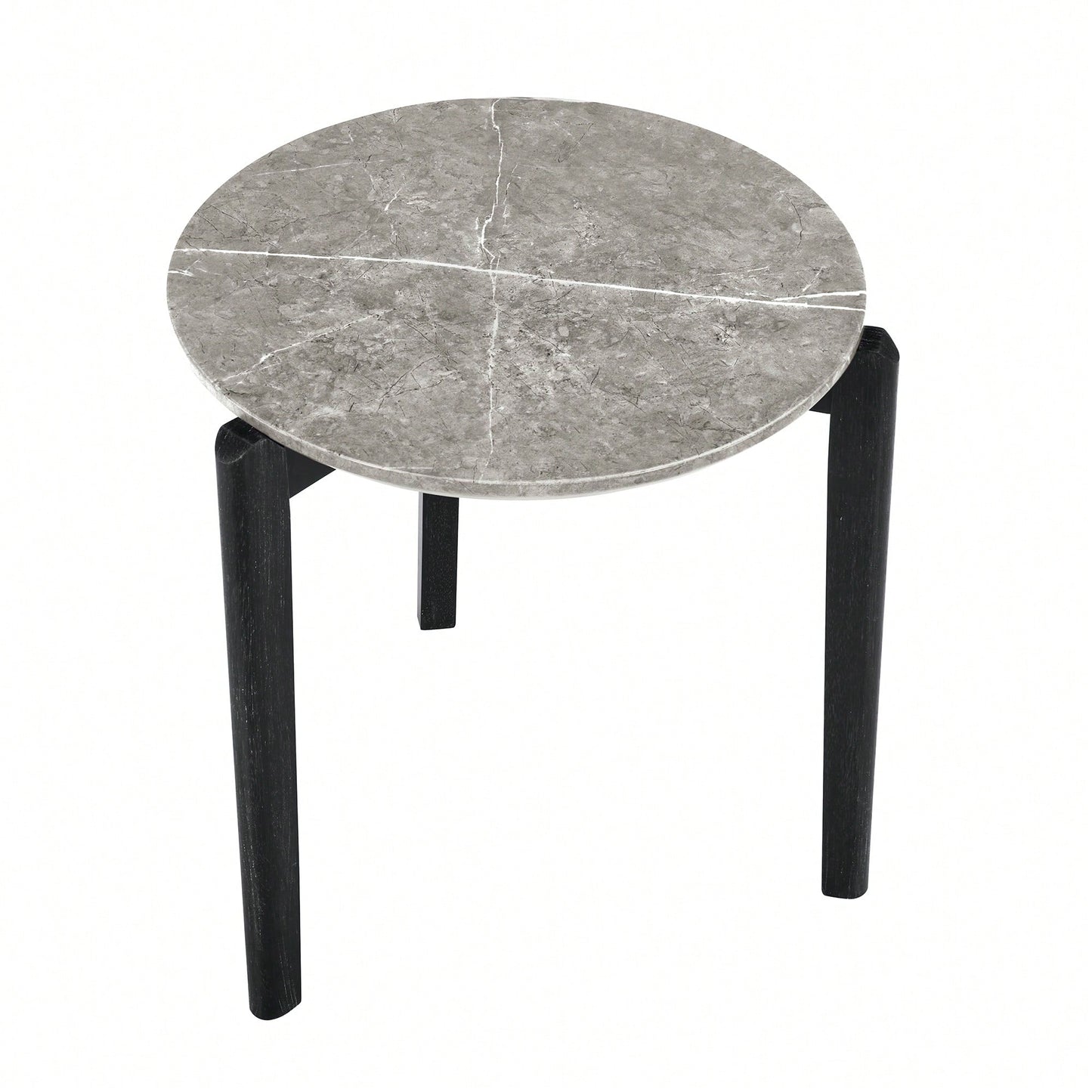Modern 24 Inch Round Coffee Table With Imitation Marble Top And Solid Rubber Wood Legs For Living Room And Office