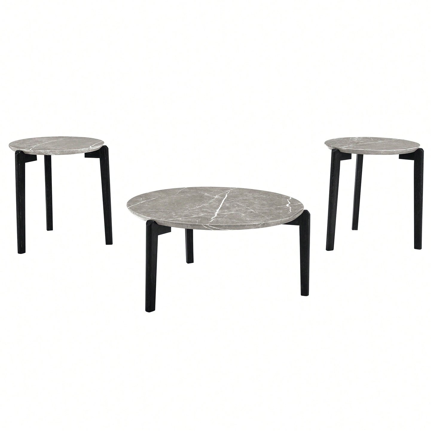 Modern 24 Inch Round Coffee Table With Imitation Marble Top And Solid Rubber Wood Legs For Living Room And Office