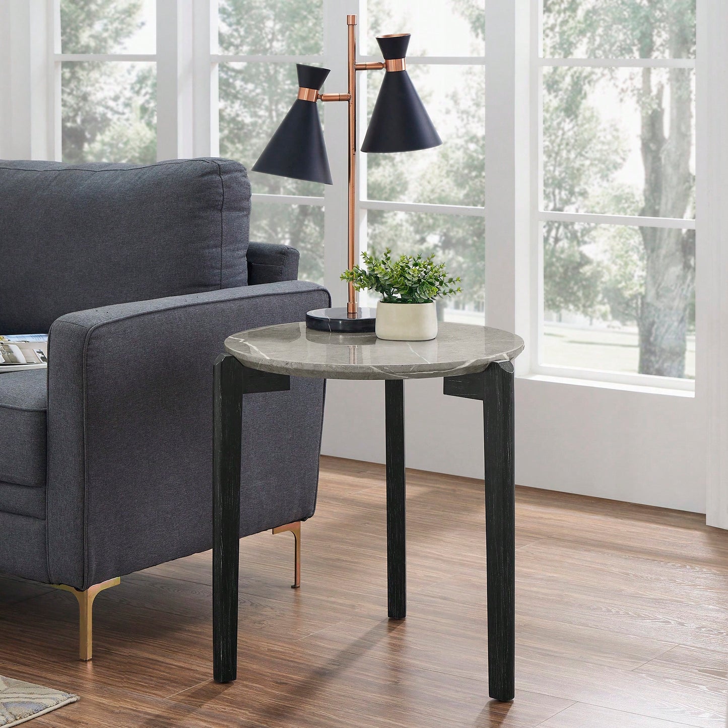 Modern 24 Inch Round Coffee Table With Imitation Marble Top And Solid Rubber Wood Legs For Living Room And Office