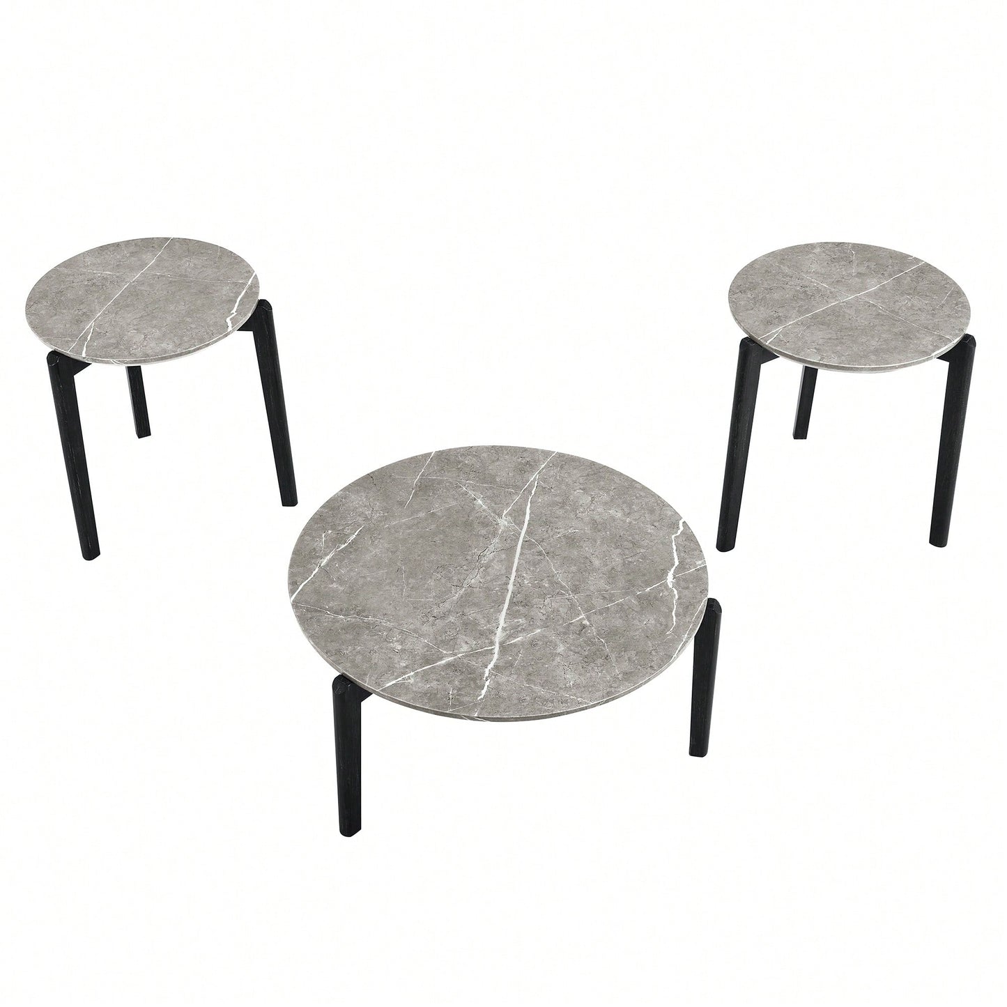 Modern 24 Inch Round Coffee Table With Imitation Marble Top And Solid Rubber Wood Legs For Living Room And Office