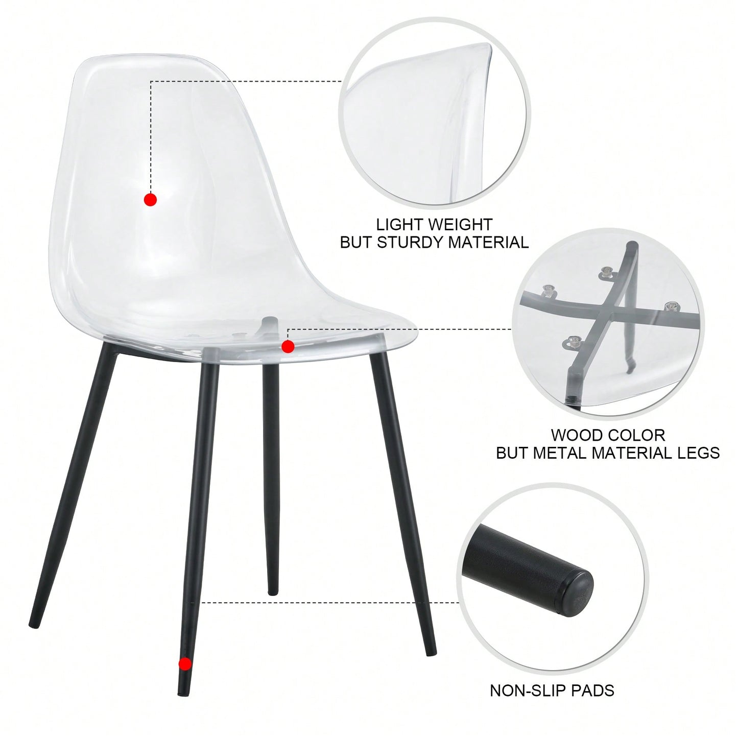 Modern Minimalist Transparent Dining Chairs Set of 4 Armless Crystal Design Black Metal Legs Nordic Style Makeup Negotiation Stools