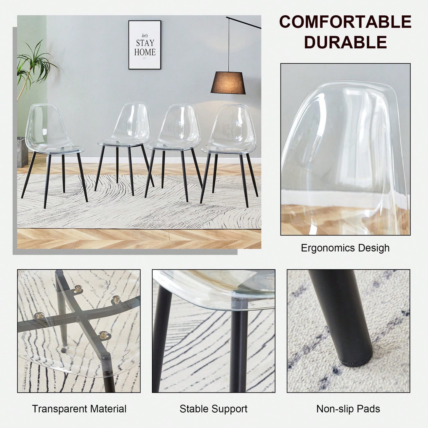 Modern Minimalist Transparent Dining Chairs Set of 4 Armless Crystal Design Black Metal Legs Nordic Style Makeup Negotiation Stools