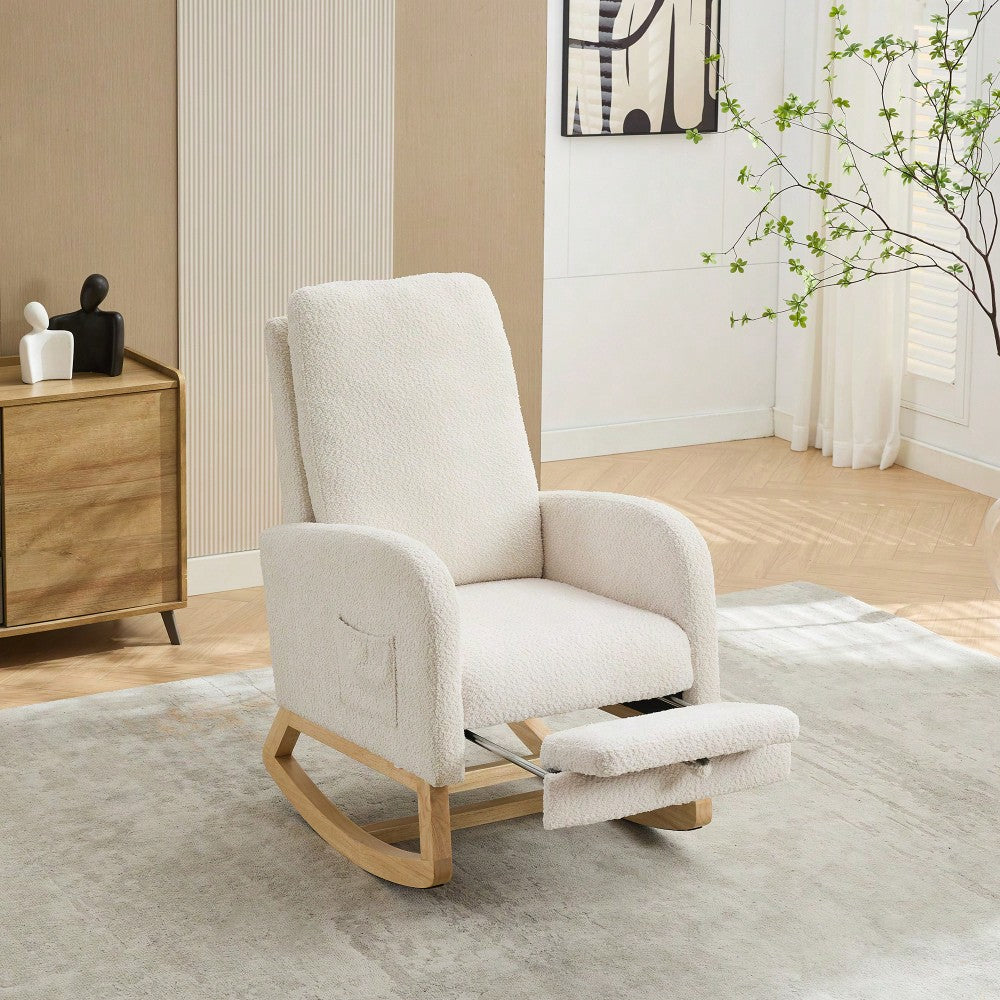 Comfortable High Back Rocking Chair with Retractable Footrest and Side Pocket Stylish Glider Armchair for Nursery Bedroom Caramel Finish