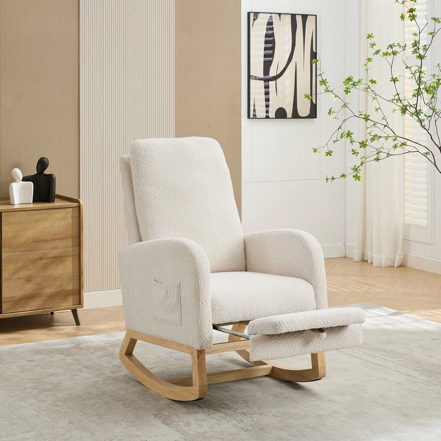 Comfortable High Back Rocking Chair with Retractable Footrest and Side Pocket Stylish Glider Armchair for Nursery Bedroom Caramel Finish