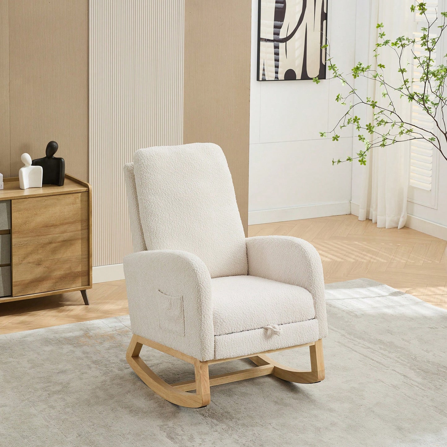 Comfortable High Back Rocking Chair with Retractable Footrest and Side Pocket Stylish Glider Armchair for Nursery Bedroom Caramel Finish