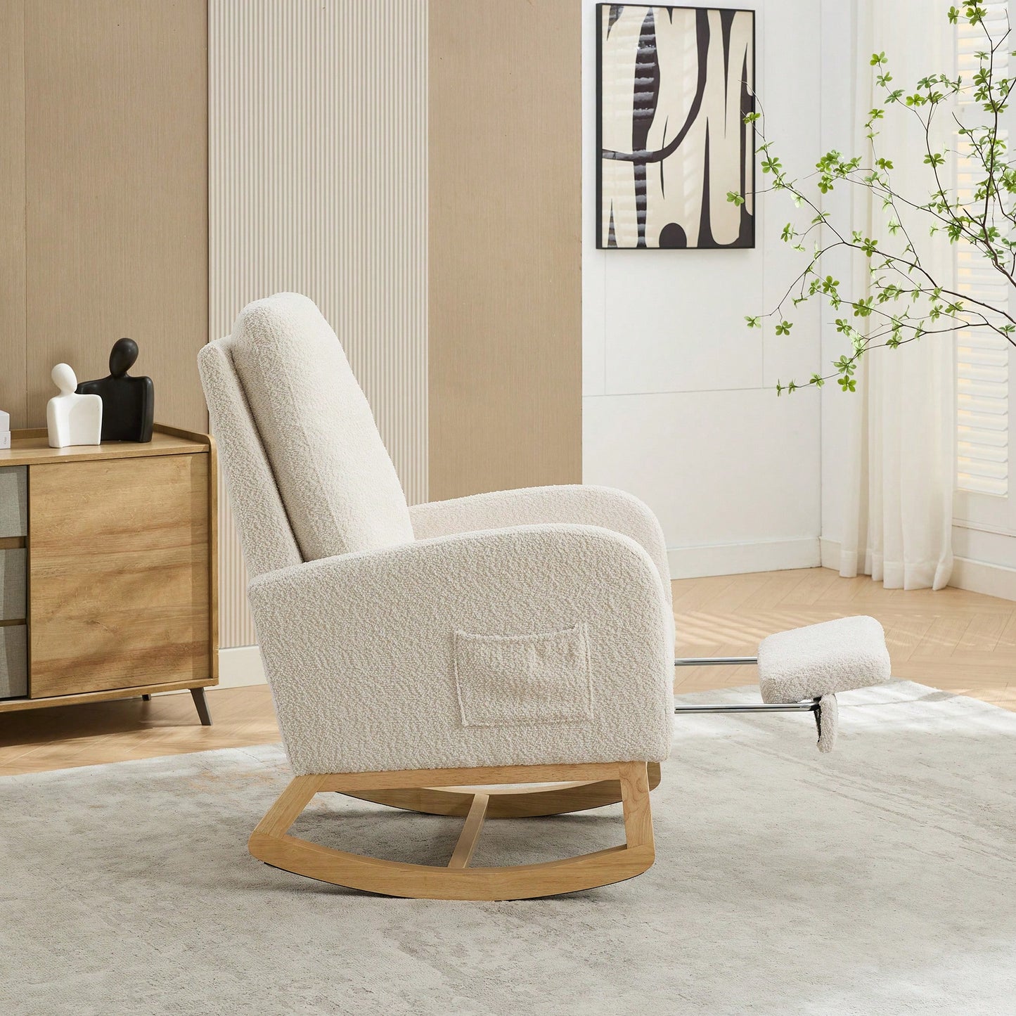 Comfortable High Back Rocking Chair with Retractable Footrest and Side Pocket Stylish Glider Armchair for Nursery Bedroom Caramel Finish