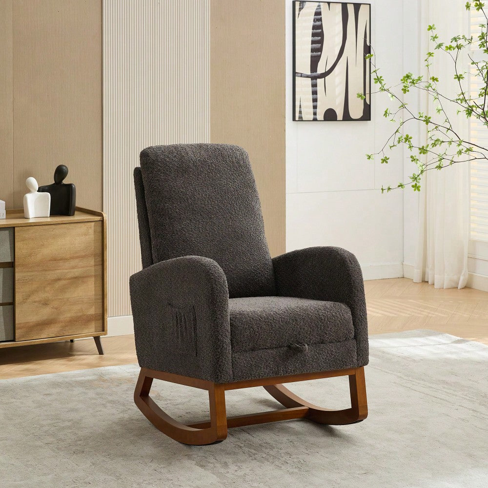 Comfortable High Back Rocking Chair with Retractable Footrest and Side Pocket Stylish Glider Armchair for Nursery Bedroom Caramel Finish