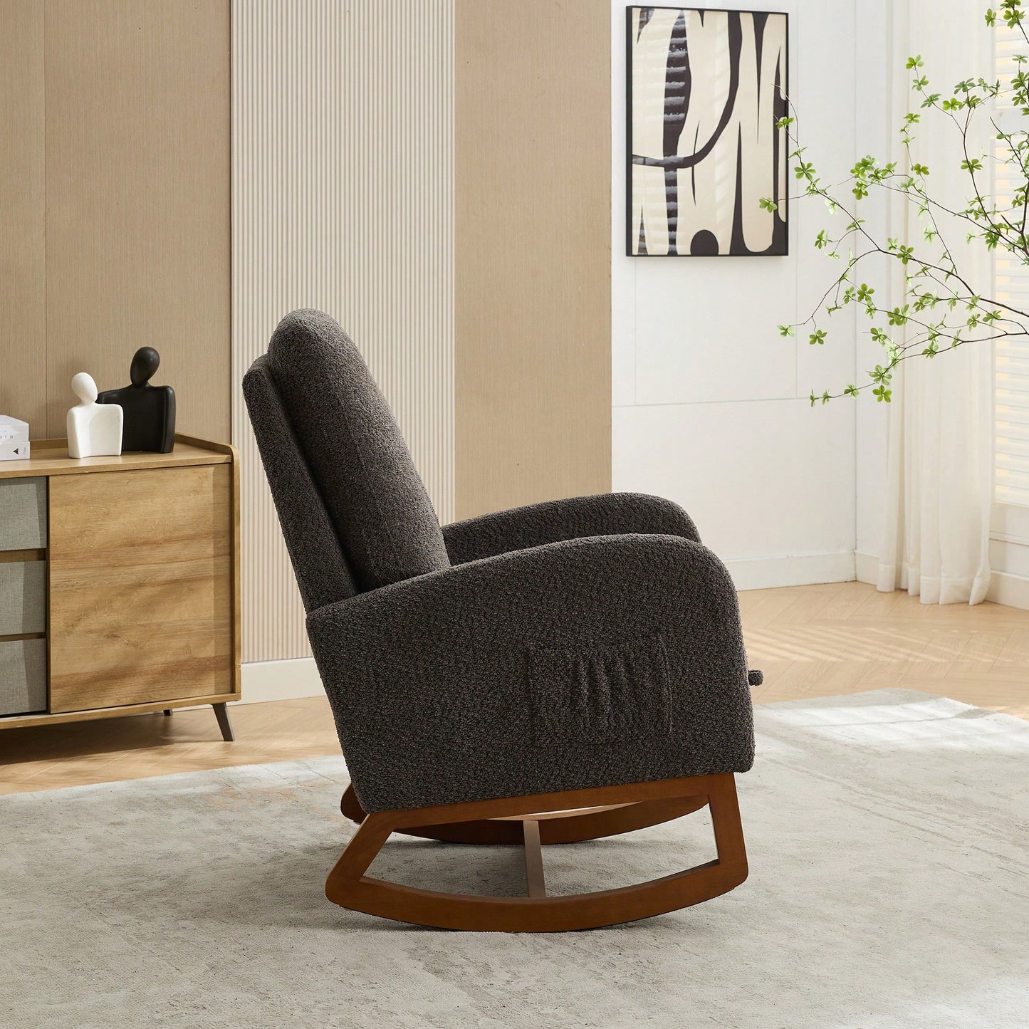 Comfortable High Back Rocking Chair with Retractable Footrest and Side Pocket Stylish Glider Armchair for Nursery Bedroom Caramel Finish