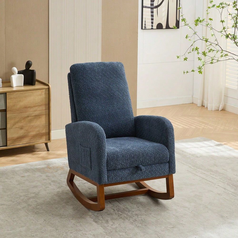 Comfortable High Back Rocking Chair with Retractable Footrest and Side Pocket Stylish Glider Armchair for Nursery Bedroom Caramel Finish