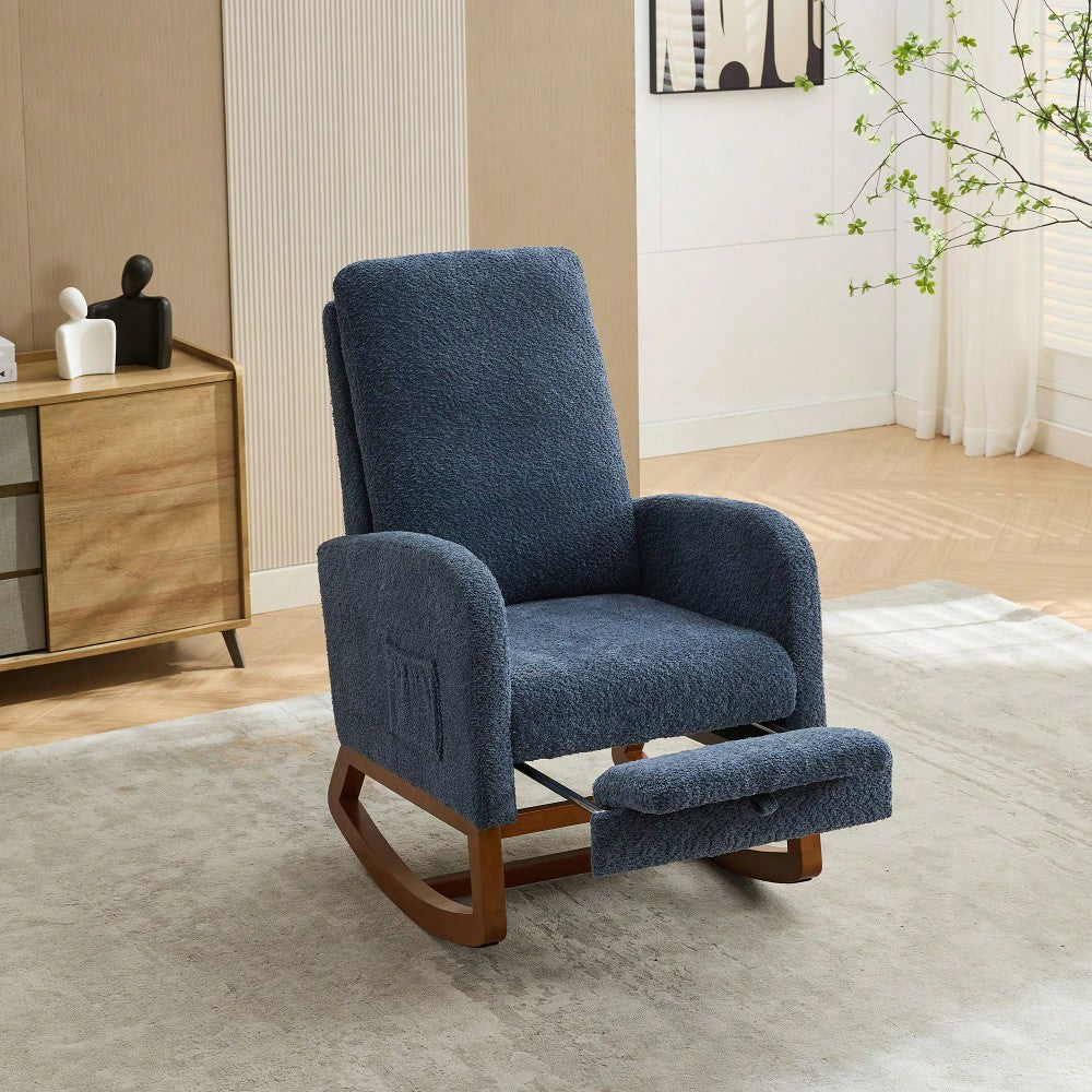 Comfortable High Back Rocking Chair with Retractable Footrest and Side Pocket Stylish Glider Armchair for Nursery Bedroom Caramel Finish