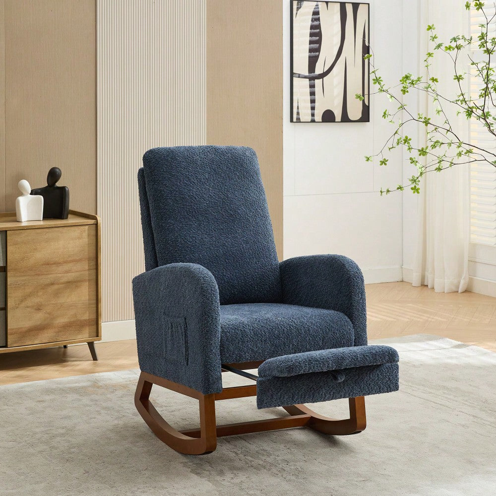 Comfortable High Back Rocking Chair with Retractable Footrest and Side Pocket Stylish Glider Armchair for Nursery Bedroom Caramel Finish