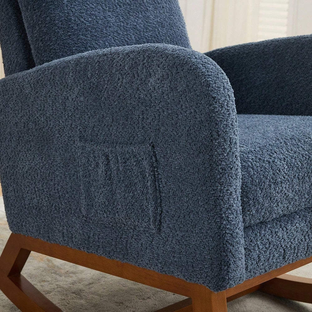 Comfortable High Back Rocking Chair with Retractable Footrest and Side Pocket Stylish Glider Armchair for Nursery Bedroom Caramel Finish