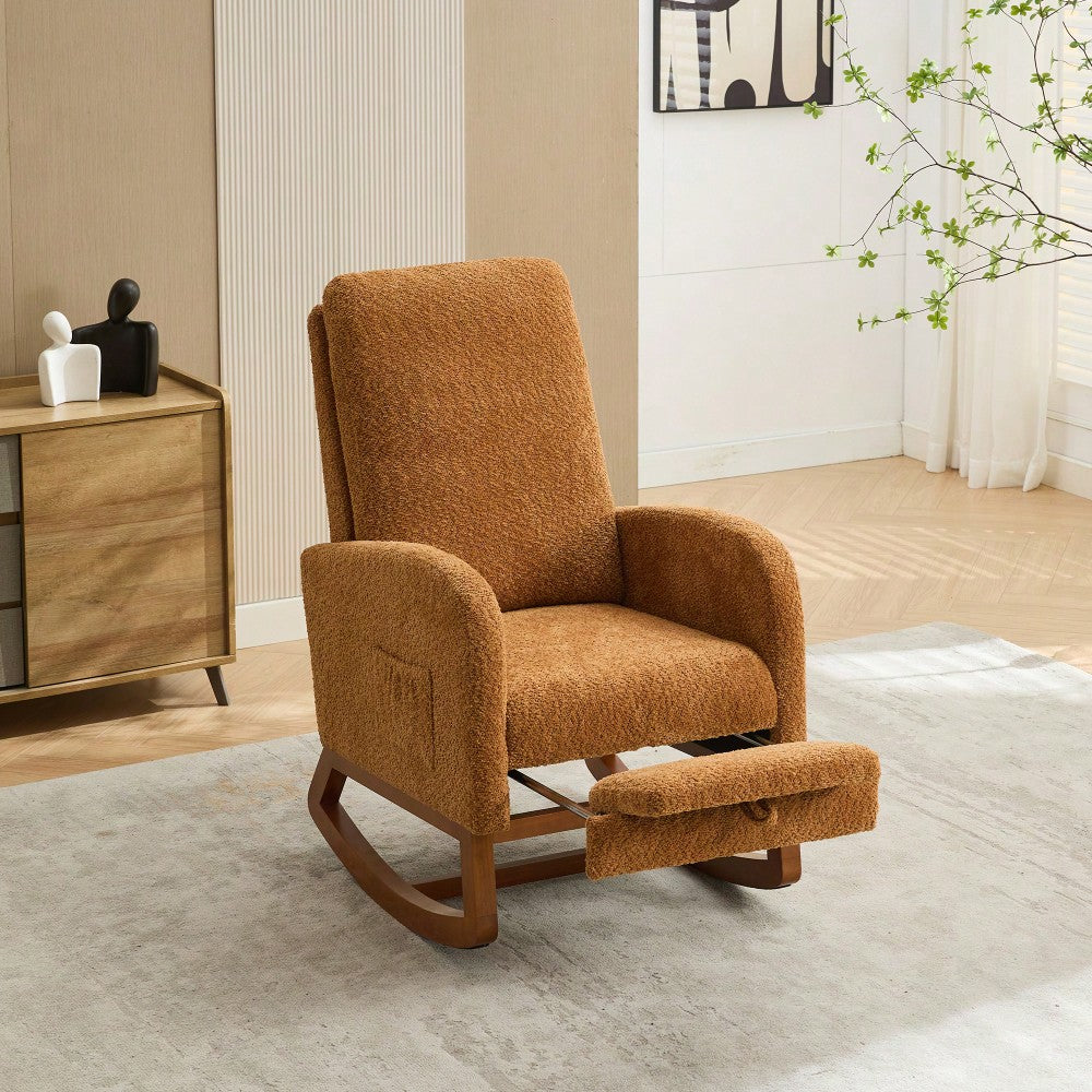 Comfortable High Back Rocking Chair with Retractable Footrest and Side Pocket Stylish Glider Armchair for Nursery Bedroom Caramel Finish