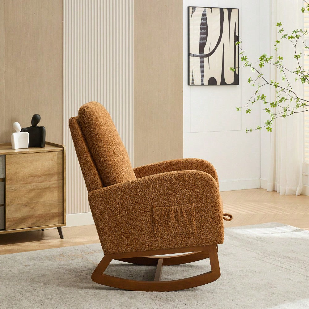 Comfortable High Back Rocking Chair with Retractable Footrest and Side Pocket Stylish Glider Armchair for Nursery Bedroom Caramel Finish
