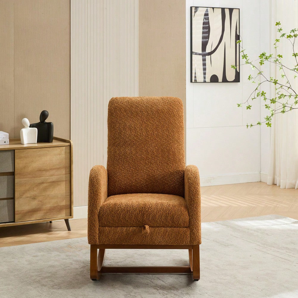 Comfortable High Back Rocking Chair with Retractable Footrest and Side Pocket Stylish Glider Armchair for Nursery Bedroom Caramel Finish