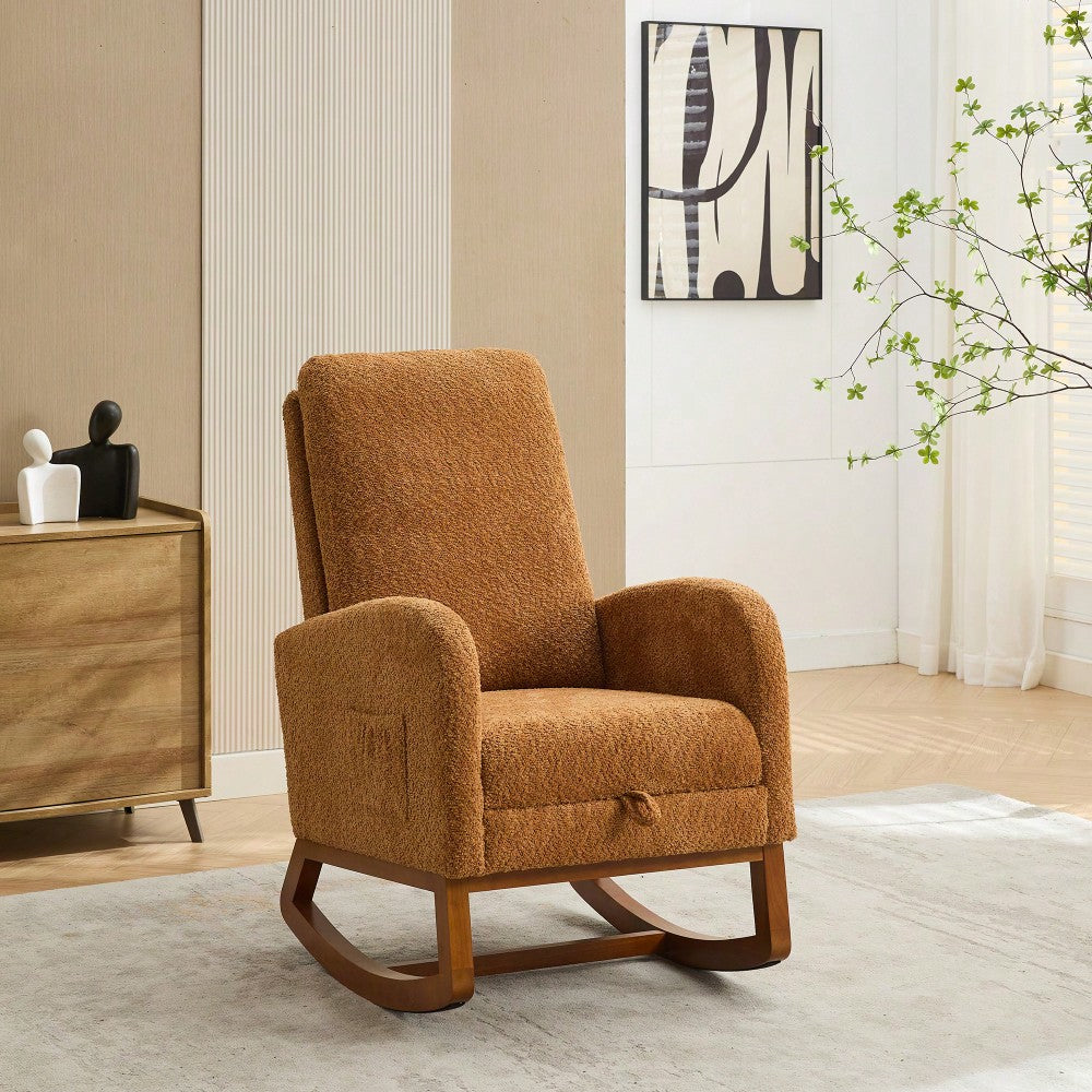 Comfortable High Back Rocking Chair with Retractable Footrest and Side Pocket Stylish Glider Armchair for Nursery Bedroom Caramel Finish