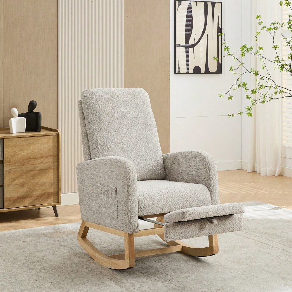 Comfortable High Back Rocking Chair with Retractable Footrest and Side Pocket Stylish Glider Armchair for Nursery Bedroom Caramel Finish