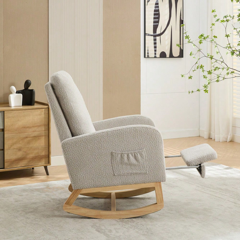 Comfortable High Back Rocking Chair with Retractable Footrest and Side Pocket Stylish Glider Armchair for Nursery Bedroom Caramel Finish