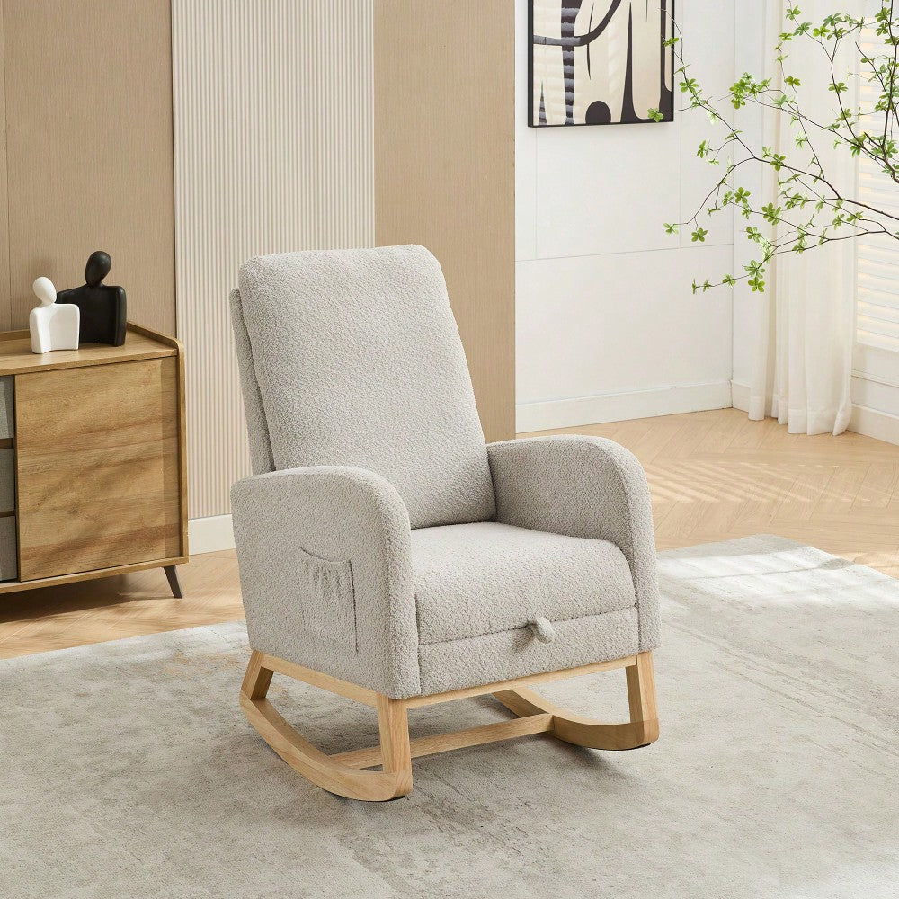 Comfortable High Back Rocking Chair with Retractable Footrest and Side Pocket Stylish Glider Armchair for Nursery Bedroom Caramel Finish