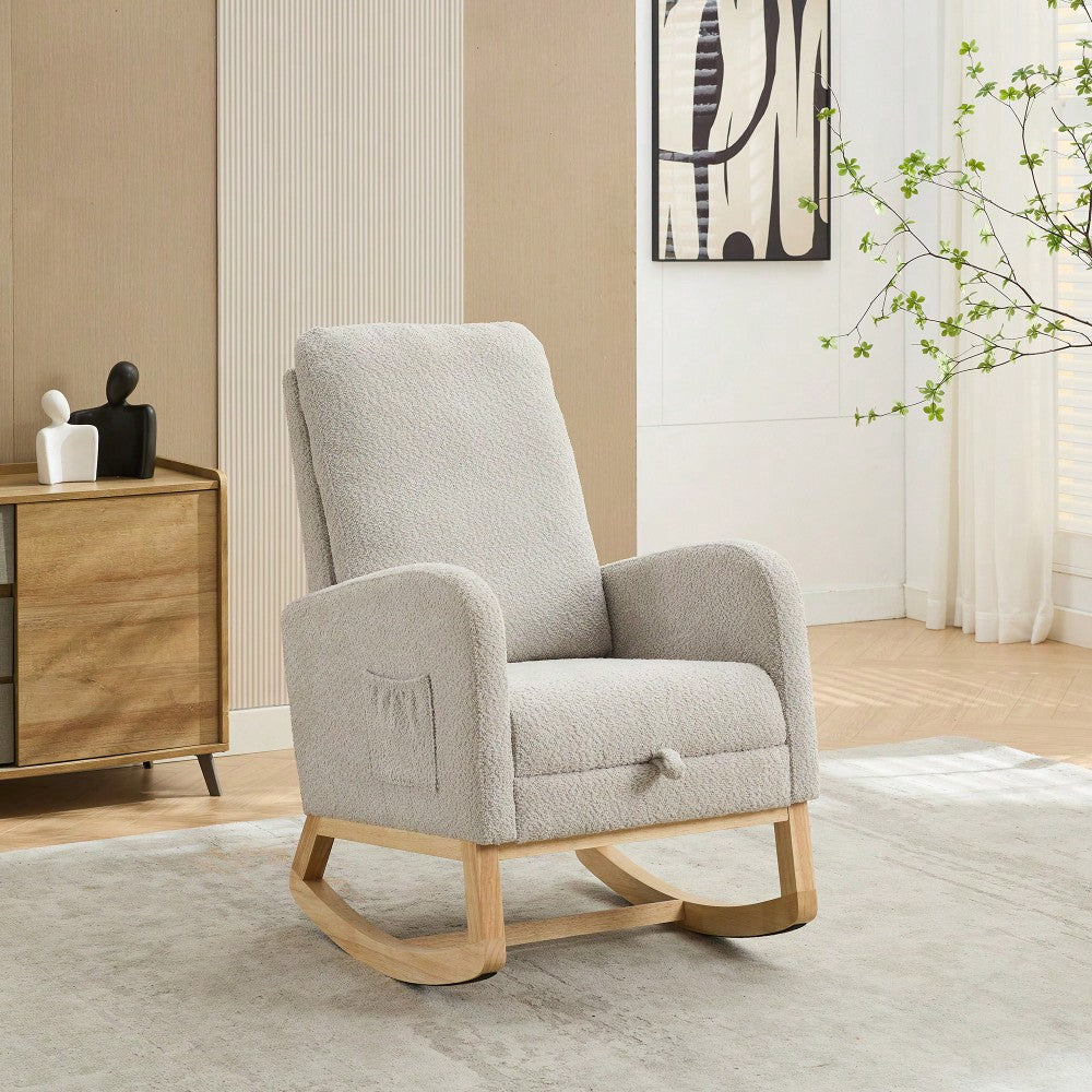 Comfortable High Back Rocking Chair with Retractable Footrest and Side Pocket Stylish Glider Armchair for Nursery Bedroom Caramel Finish