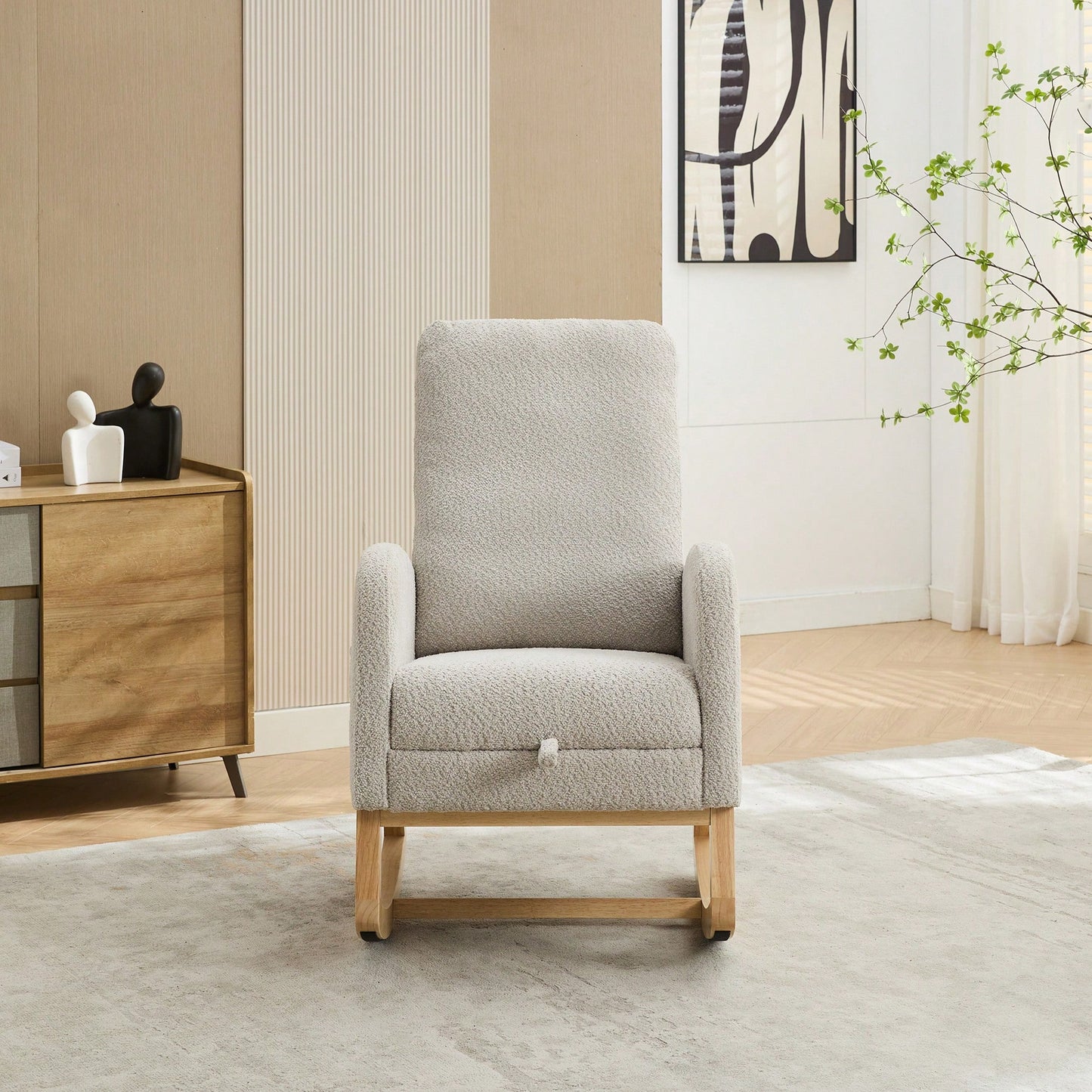 Comfortable High Back Rocking Chair with Retractable Footrest and Side Pocket Stylish Glider Armchair for Nursery Bedroom Caramel Finish