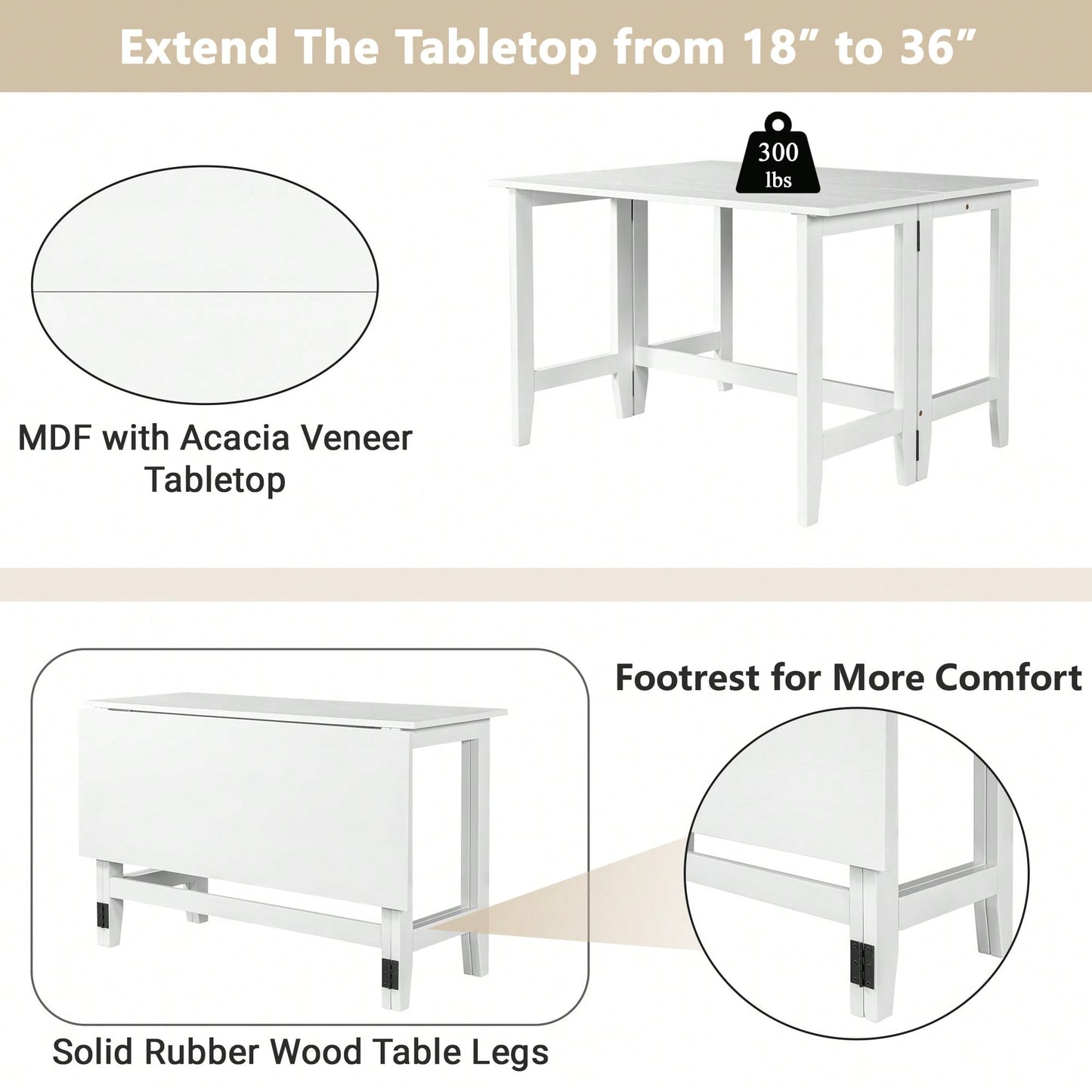 Extendable White Wood Dining Table With Drop Leaf Design For Small Spaces