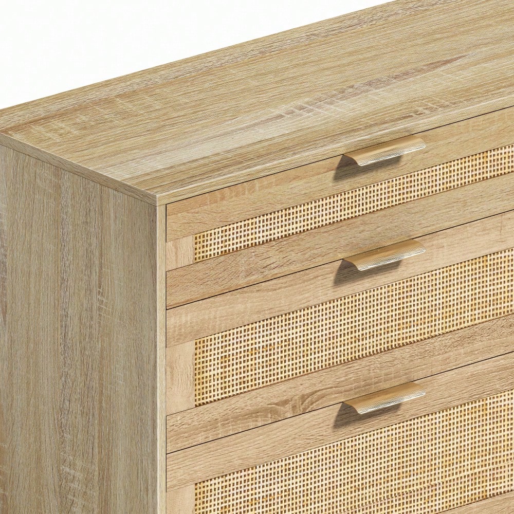 Natural 59 Inch Rattan Dresser with 6 Drawers Stylish Storage Cabinet with Metal Handles and Wood Legs for Bedroom Hallway or Living Room