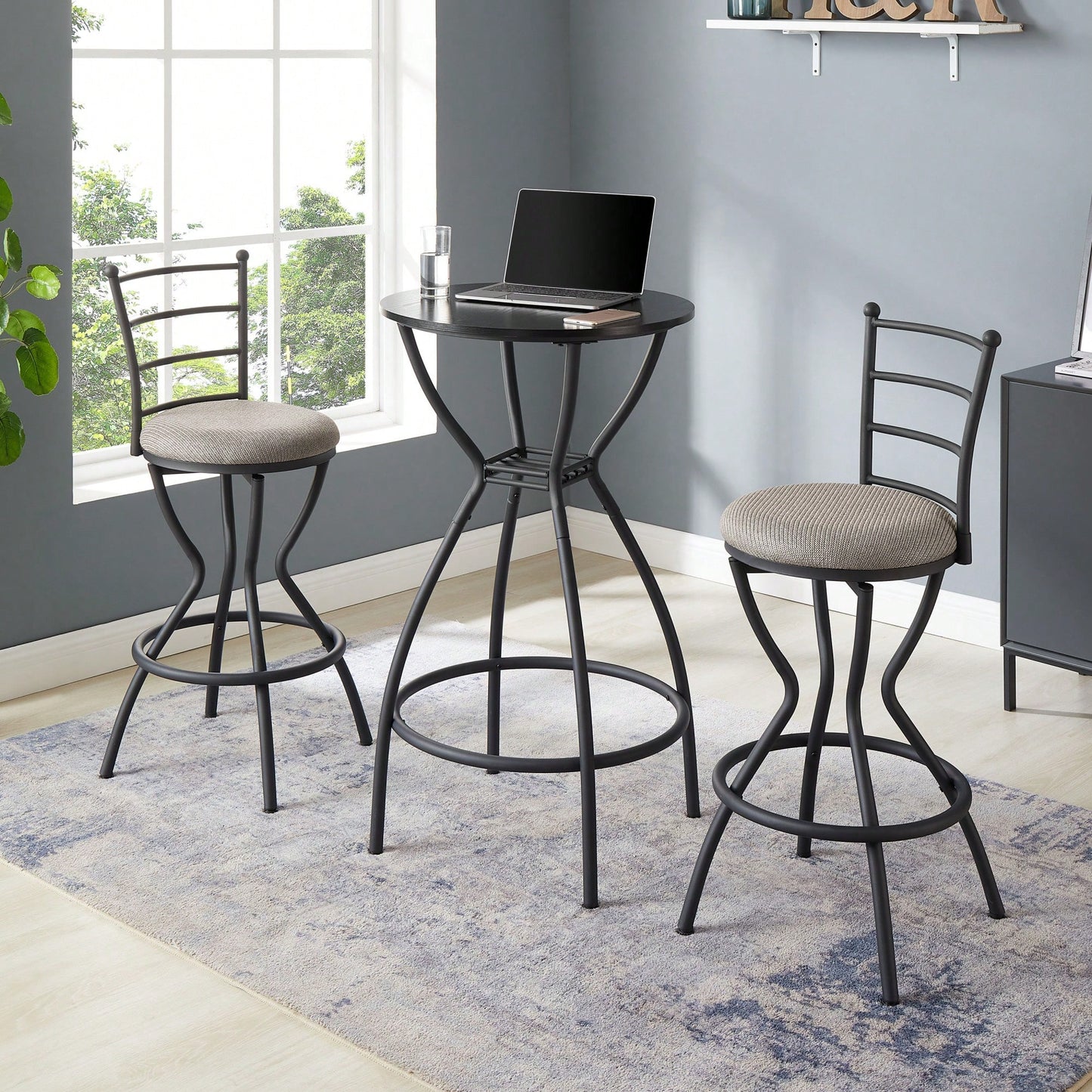 Industrial Style 3 Piece Bar Table And Chairs Set For Dining Room With Metal Back And Fabric Seat