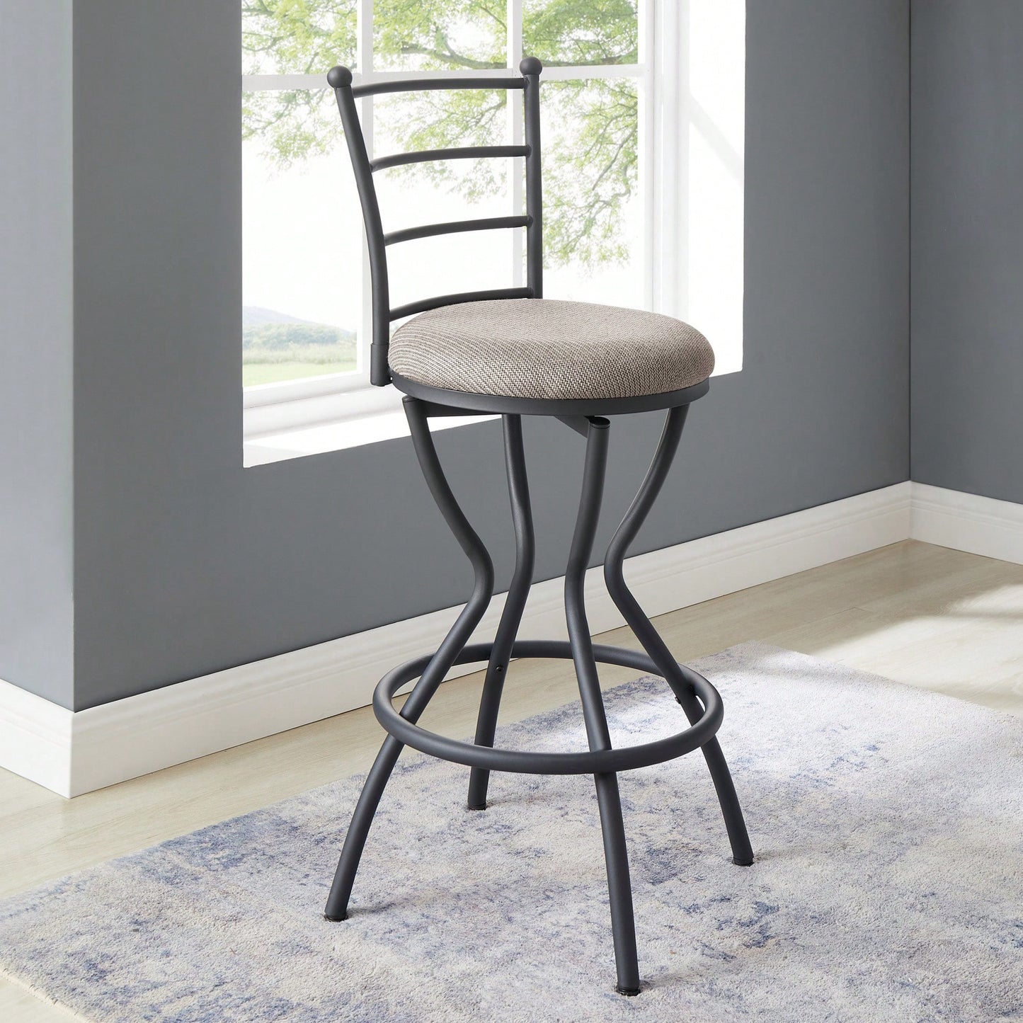 Industrial Style 3 Piece Bar Table And Chairs Set For Dining Room With Metal Back And Fabric Seat