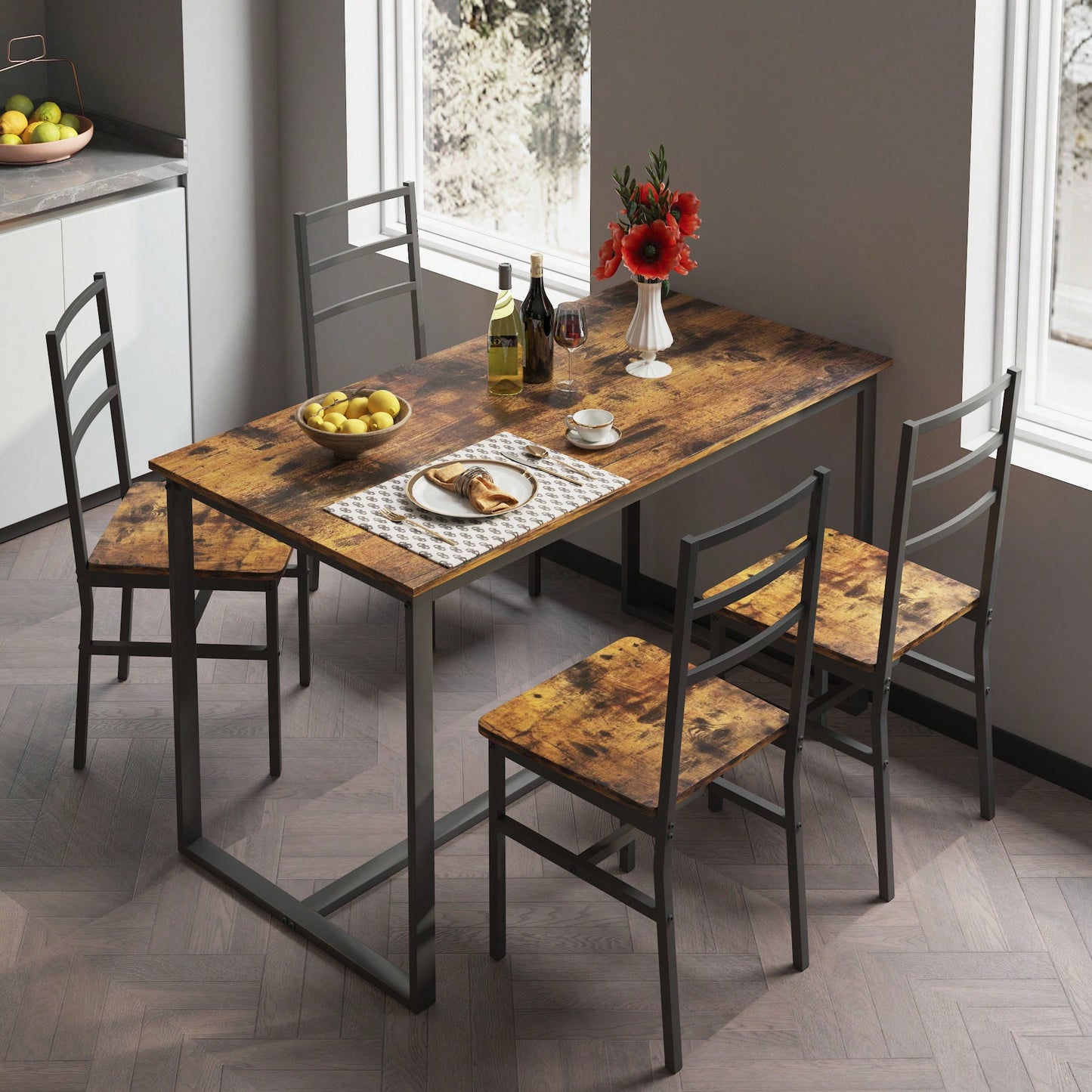Industrial Style Five-Piece Dining Set With Backrest Sturdy Table And Chairs
