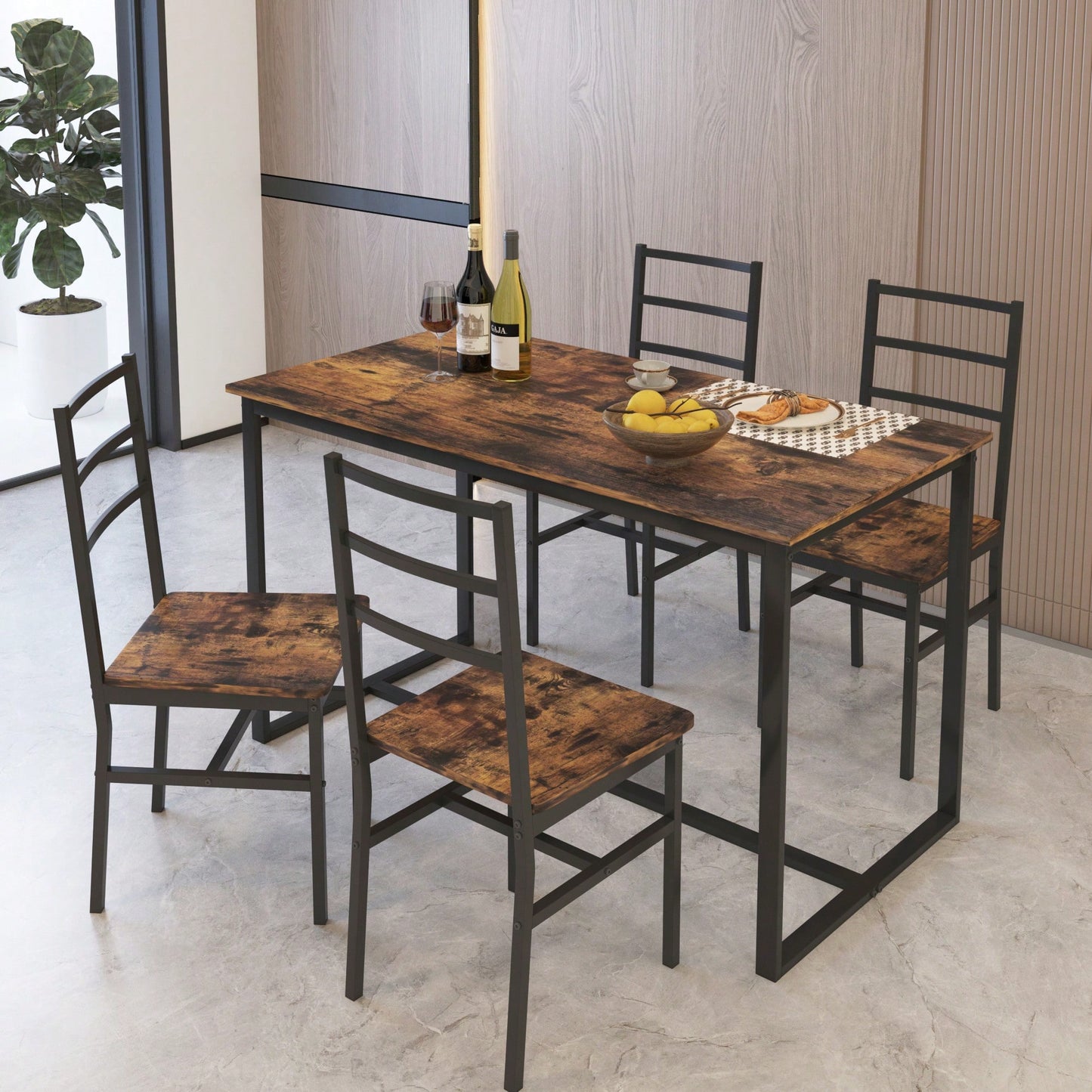 Industrial Style Five-Piece Dining Set With Backrest Sturdy Table And Chairs
