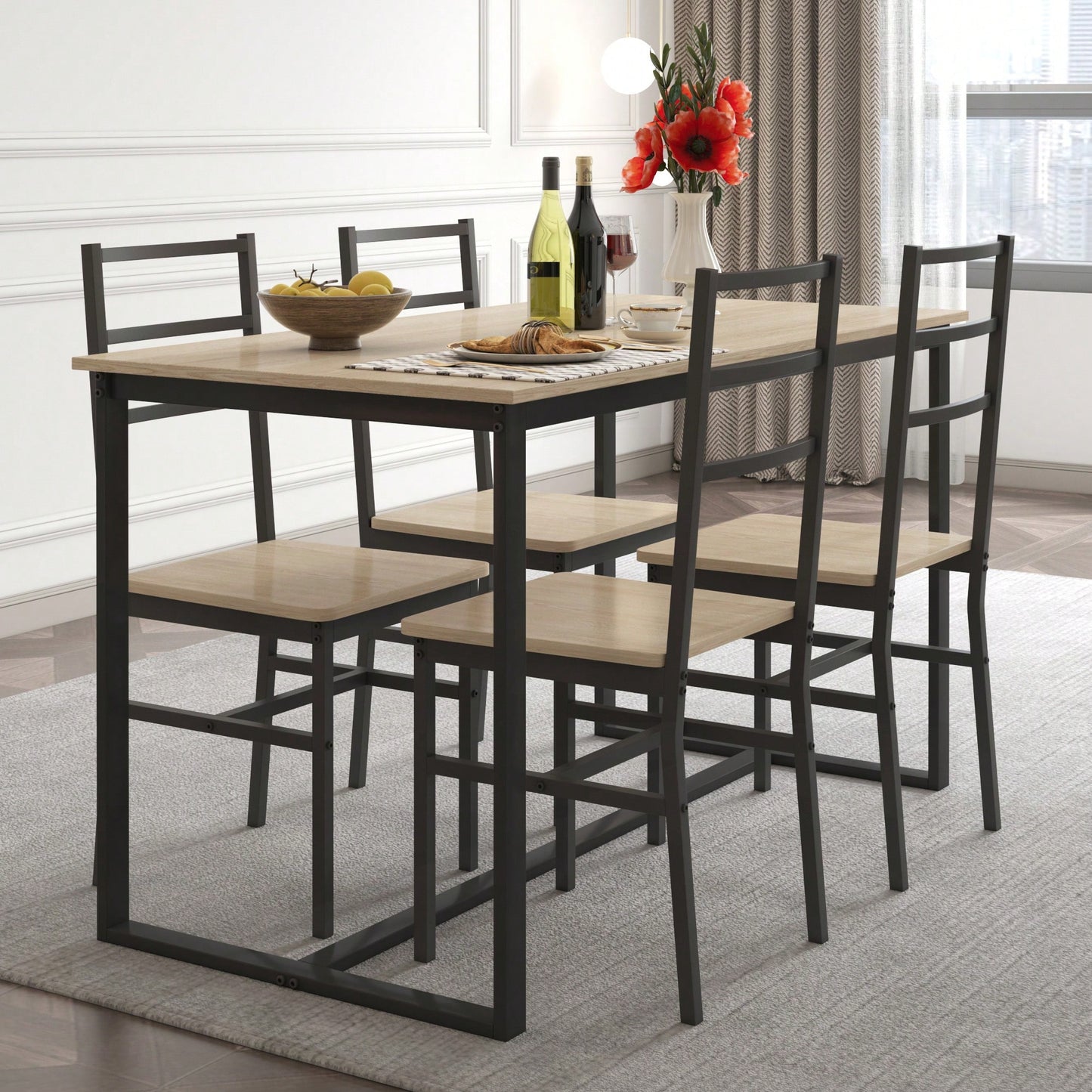 Industrial Style Five-Piece Dining Set With Backrest Sturdy Table And Chairs