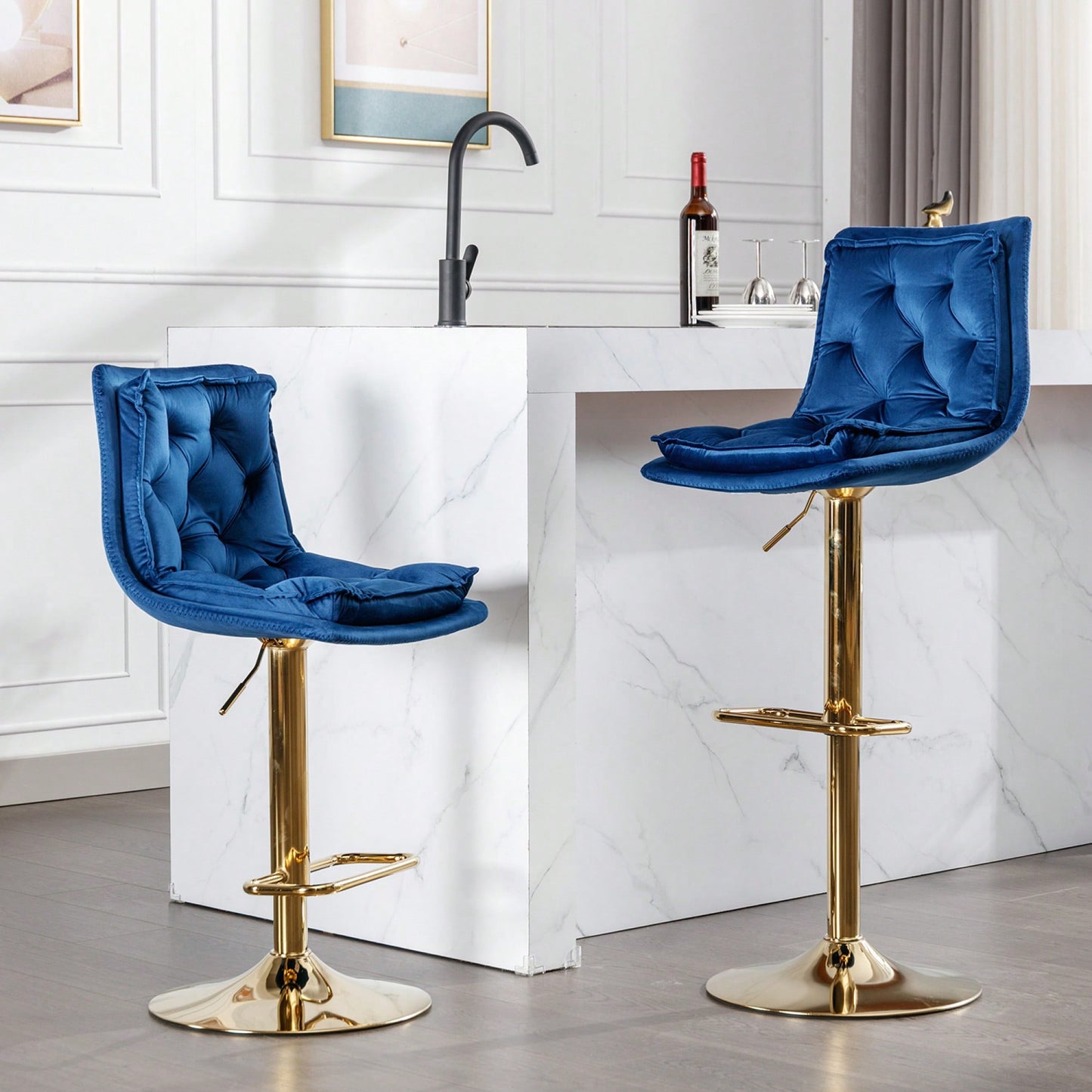 Adjustable Velvet Bar Stools With Chrome Footrest And Golden Legs - Set Of 2 Swivel Chairs In Blue