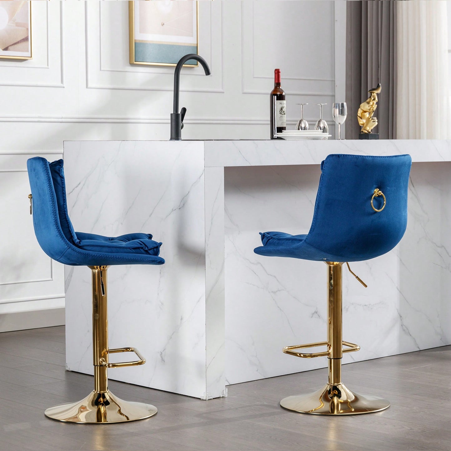 Adjustable Velvet Bar Stools With Chrome Footrest And Golden Legs - Set Of 2 Swivel Chairs In Blue