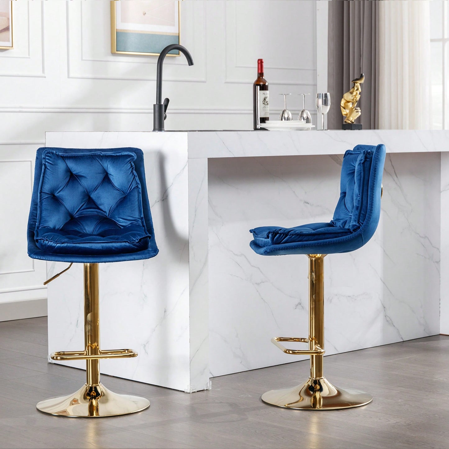 Adjustable Velvet Bar Stools With Chrome Footrest And Golden Legs - Set Of 2 Swivel Chairs In Blue